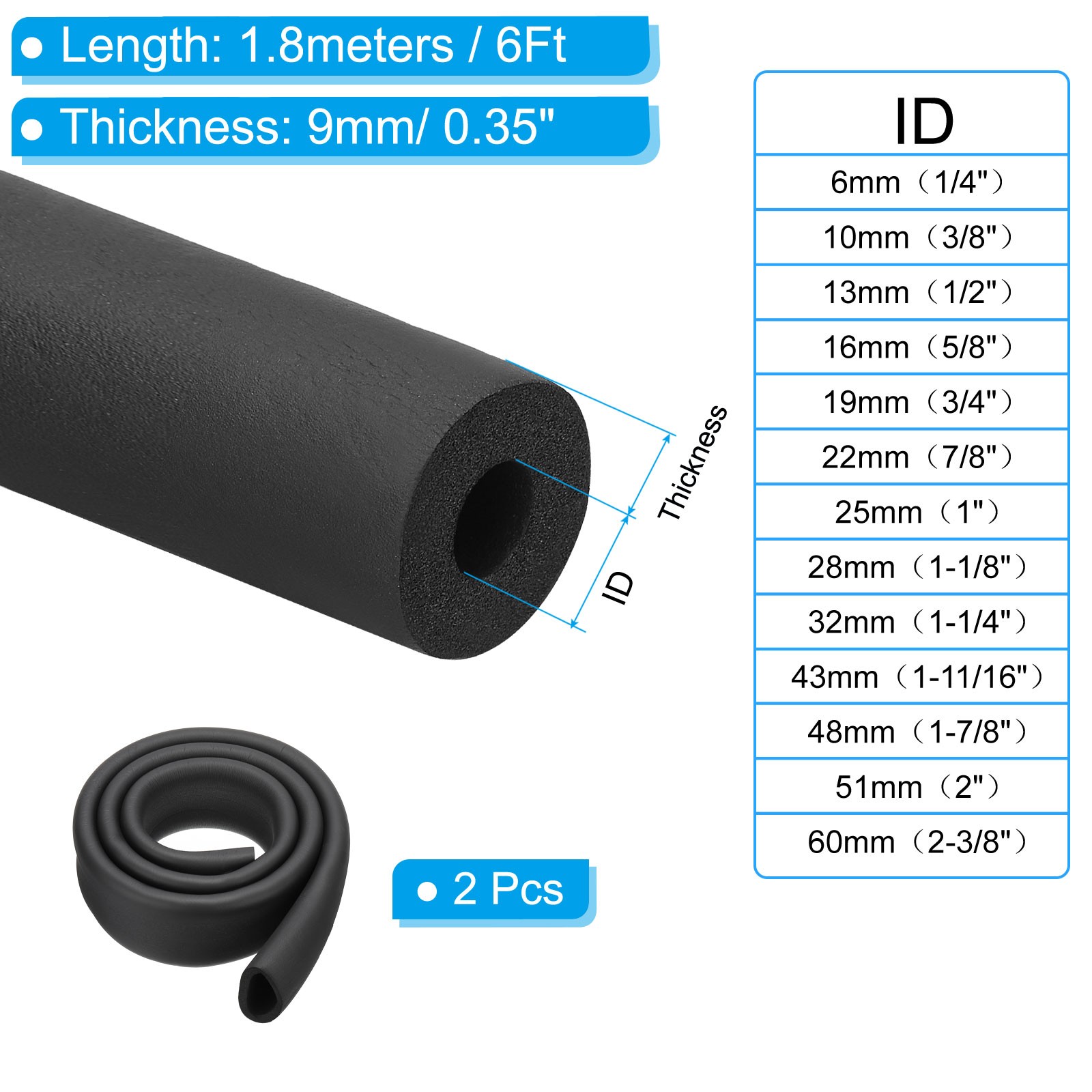 2Pcs 1-7/8″(48mm) ID x 6Ft Pipe Insulation Foam Tube