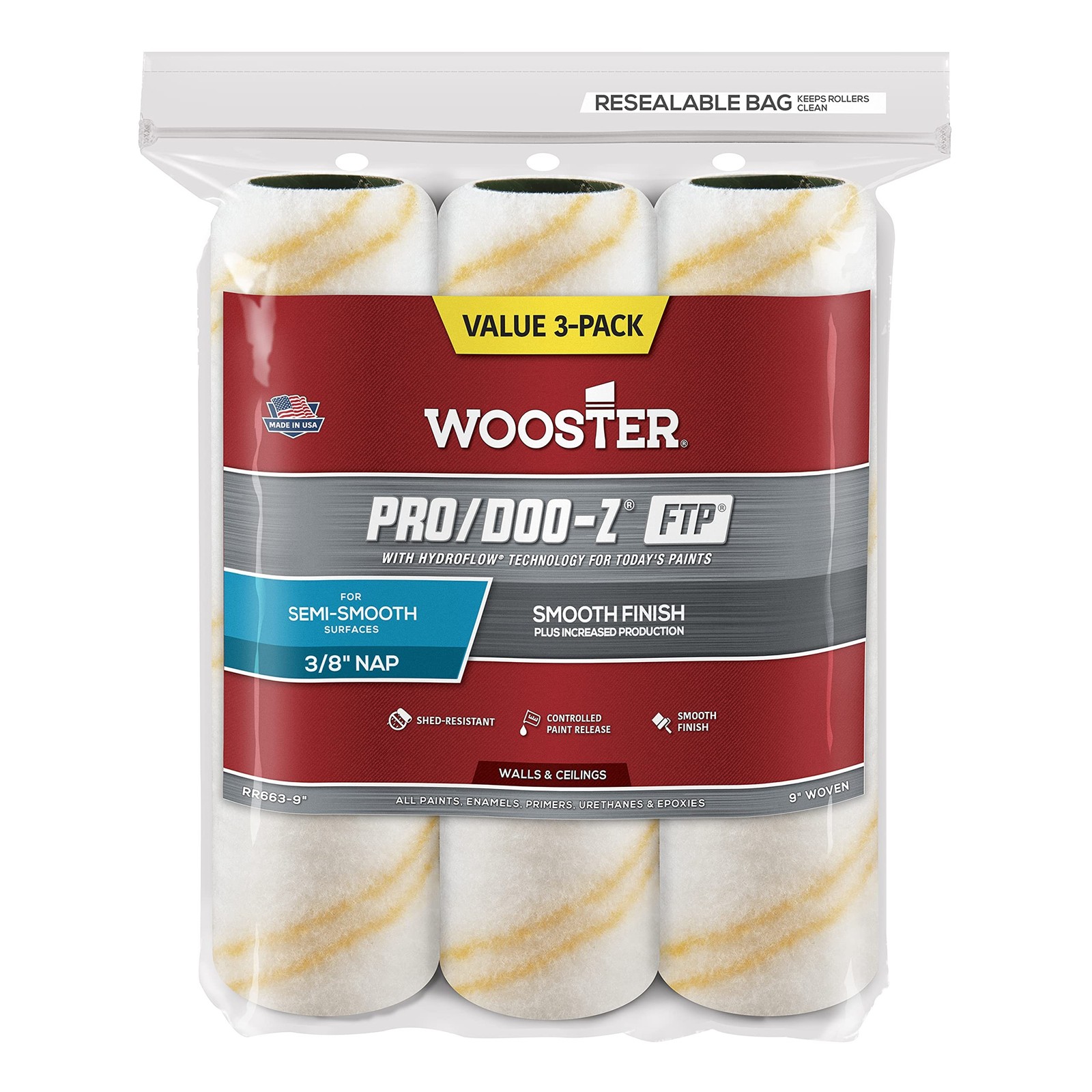 The Wooster Brush Company RR663-9 Pro Doo Z FTP Roller Cover 3/8-Inch Nap, 3-…