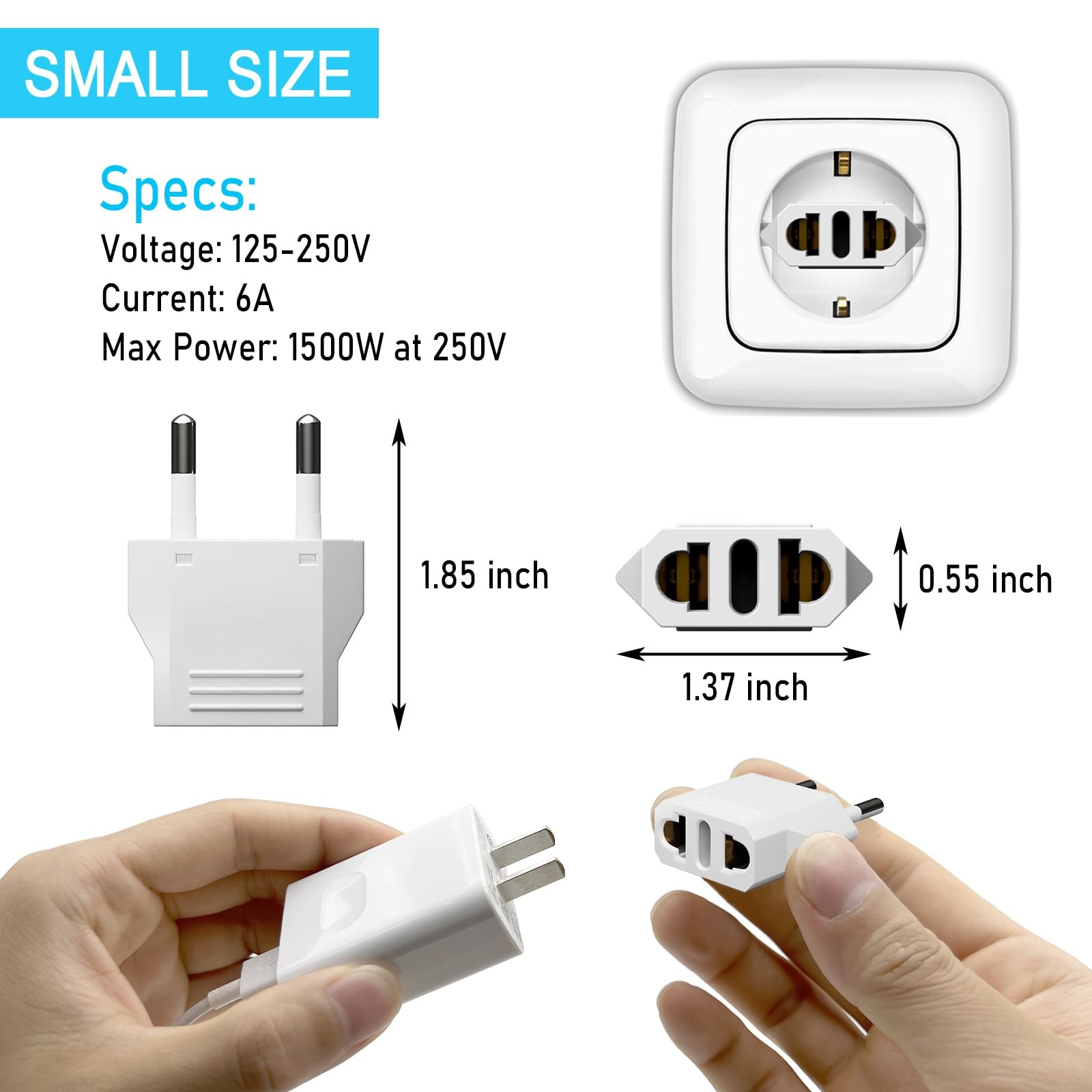 6 Pack European Travel Plug Adapter, US to Europe Type C- 6 White