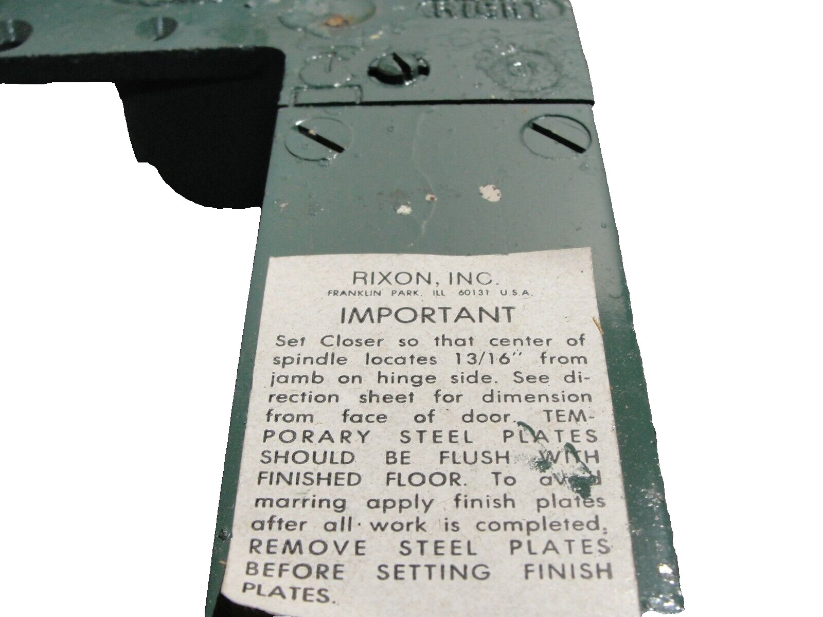 Rixson Firemark No. 66 Floor Closer 117 1/2 Offset Right Hand Closer LT # 7824