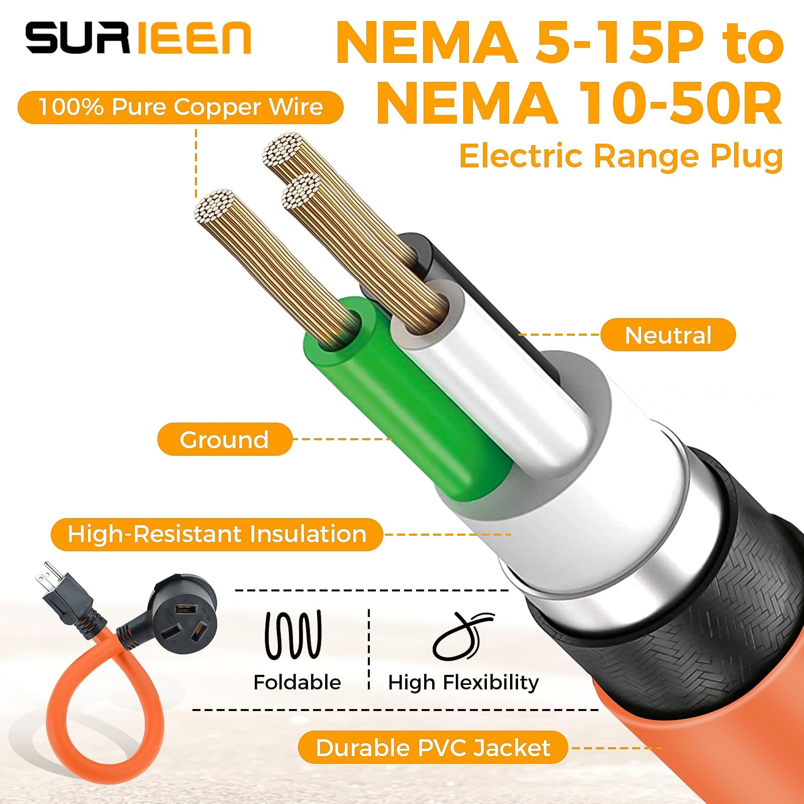 1.5FT NEMA 5-15P to 10-50R Dryer Adapter Cord, 110V 15Amp 3 Prong 3 orange
