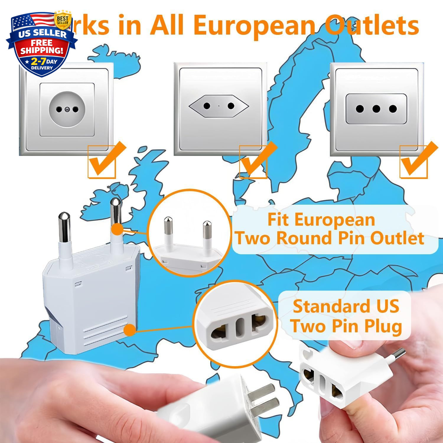 8 Pack European Travel Plug Adapter, US to Europe Plug Adapter, Type C Wall O…