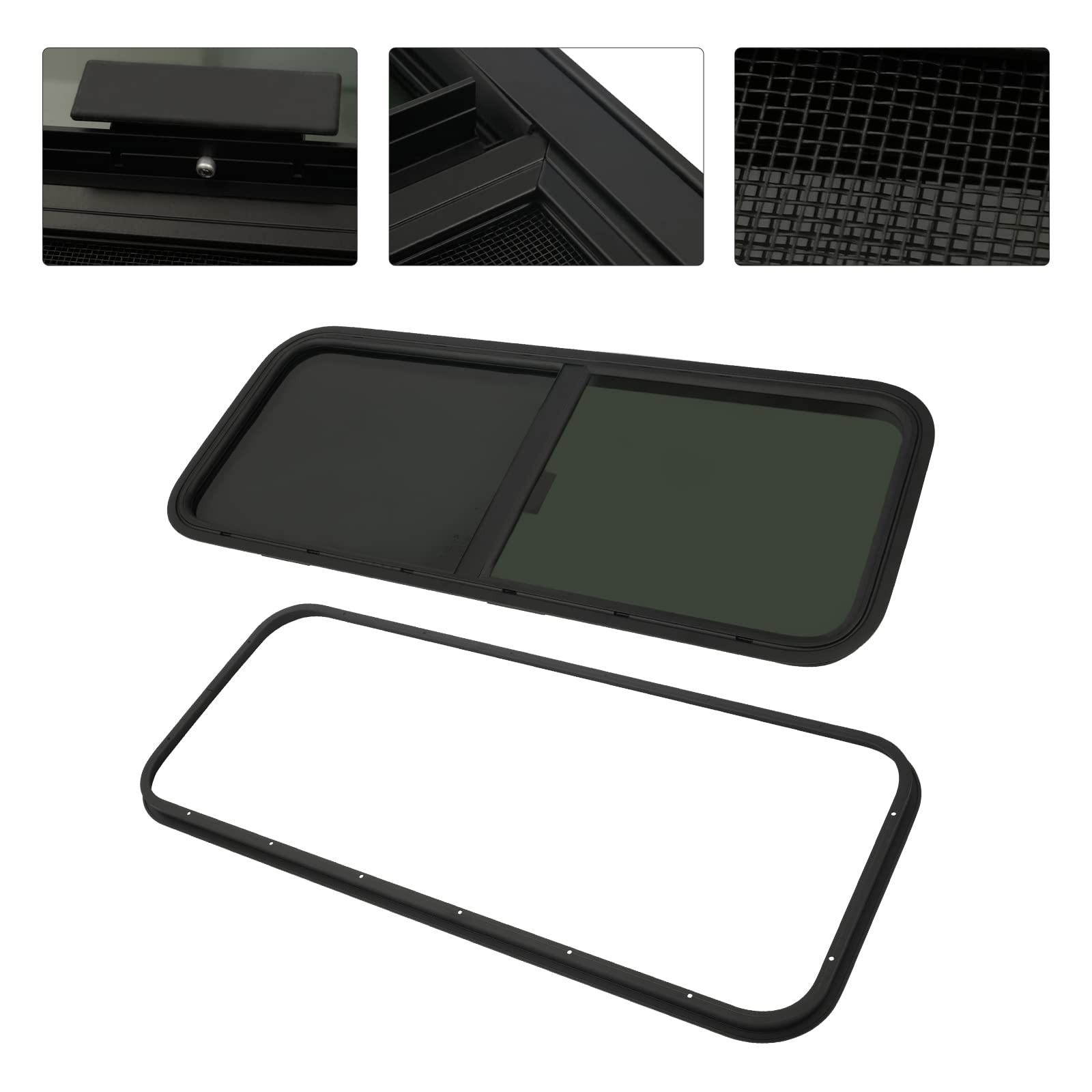 Horizontal Sliding RV Window Black Tint Tempered Glass Alum Frame TrimRing 42×22