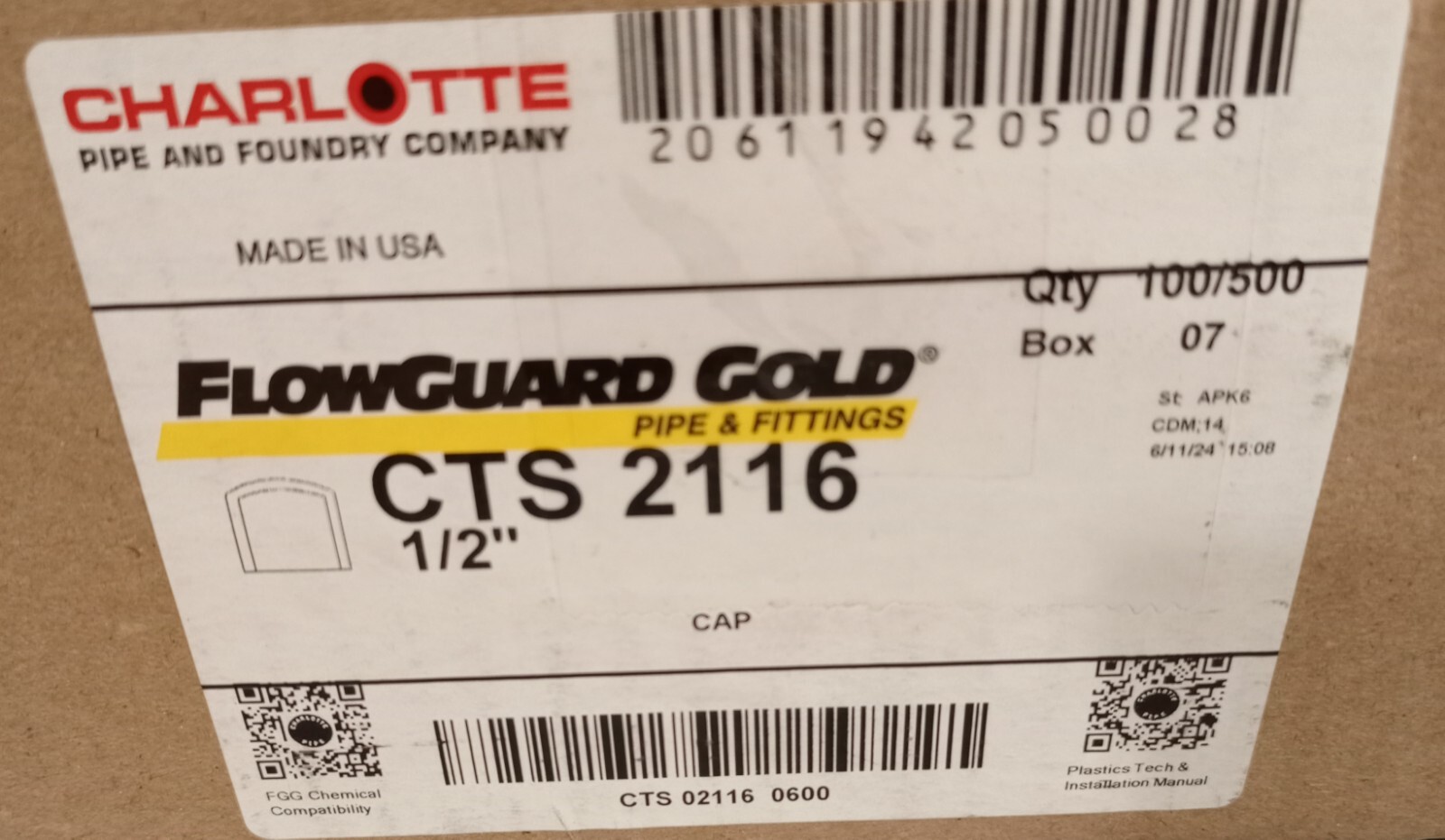 Charlotte Pipe And Foundry Company CTS 2116 1/2″ Lot Of 500