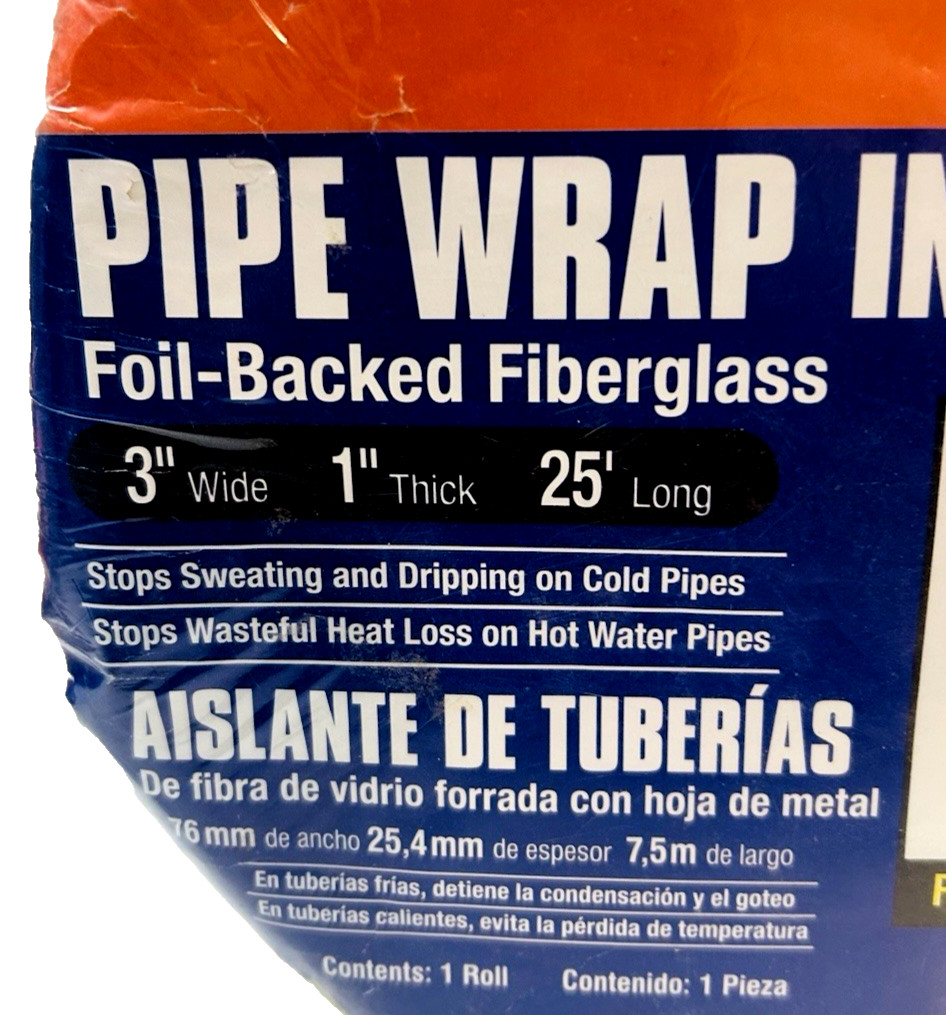Frost King PIPE WRAP INSULATION Foil-Backed Figerglass 3″ x 1″ x 25′ New SP42X