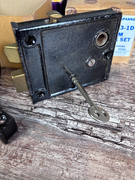 Vintage Horizontal Rim Lock Set Door Knob Jappanned Black Skeleton Key H0383-1D