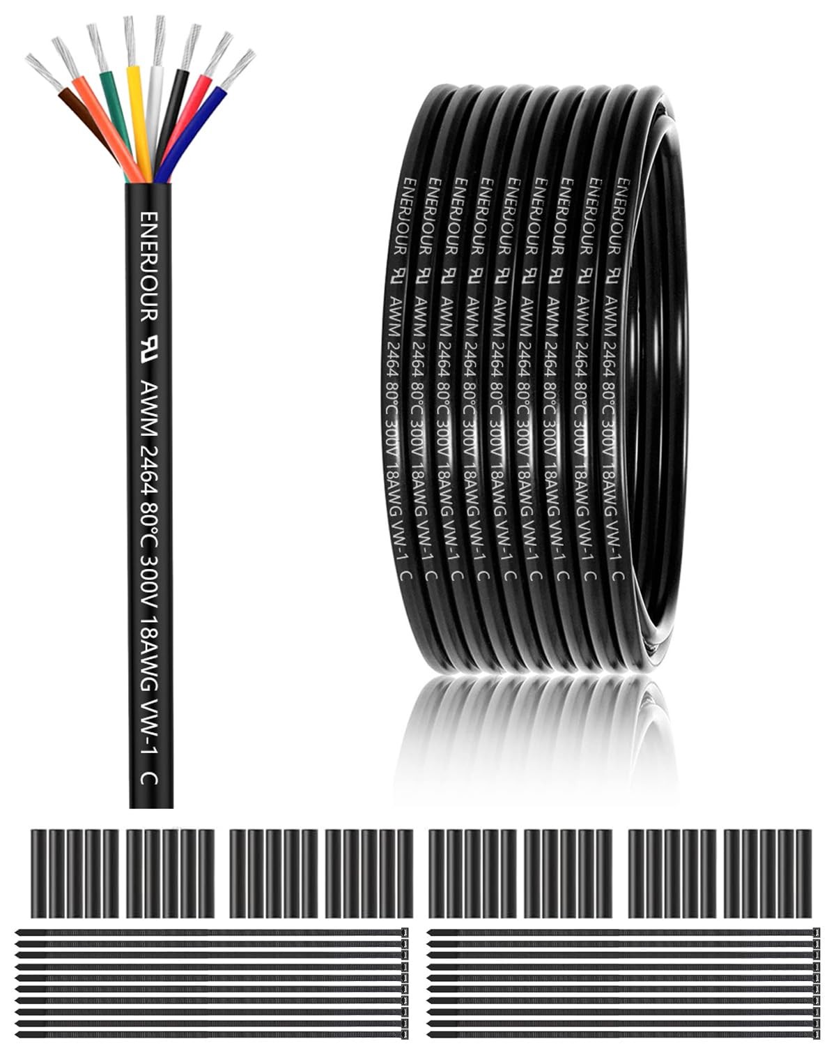 ENERJOUR 18 AWG 8 Conductor 100FT UL 2464 Tinned Copper Stranded Wire