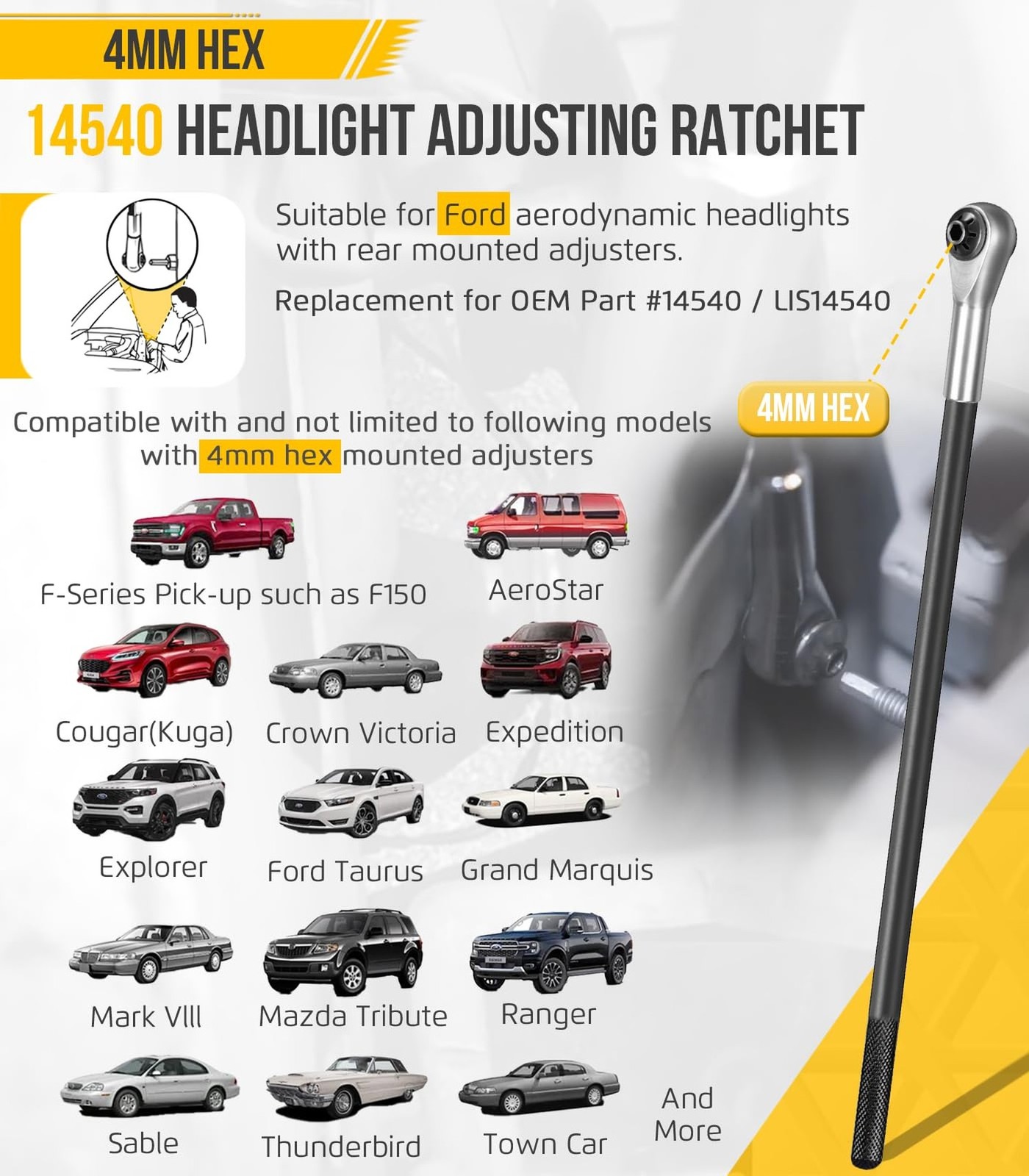 4MM Headlight Adjustment Ratchet Wrench Tool for Ford Screw Adjuster Kit New USA