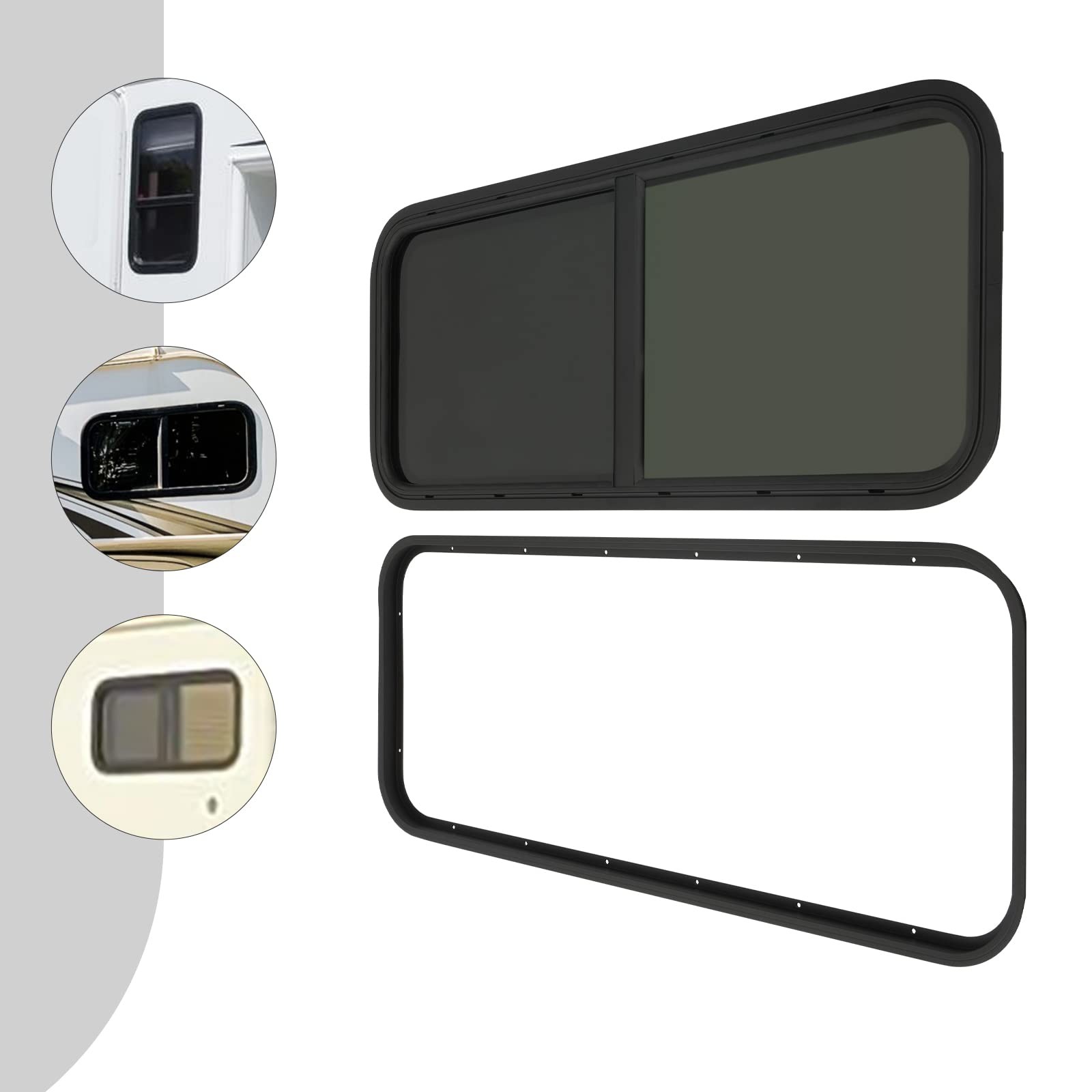 Horizontal Sliding RV Window Black Tint Tempered Glass Alum Frame TrimRing 42×22