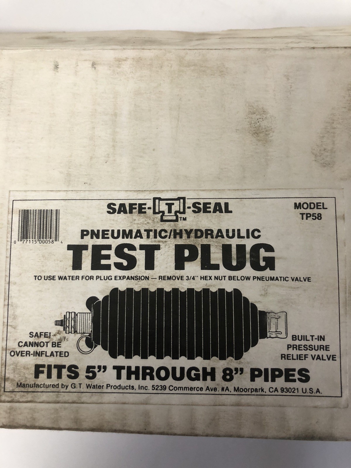 Safe-T-Seal TP58 Test Plug. Pneumatic /Hydraulic Fits 5″ To 8″ Pipes