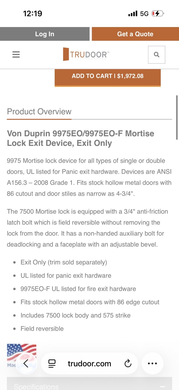 Parts Von Duprin 9975 mortise panic 48in 26D 4ft Exit Panic Bar only