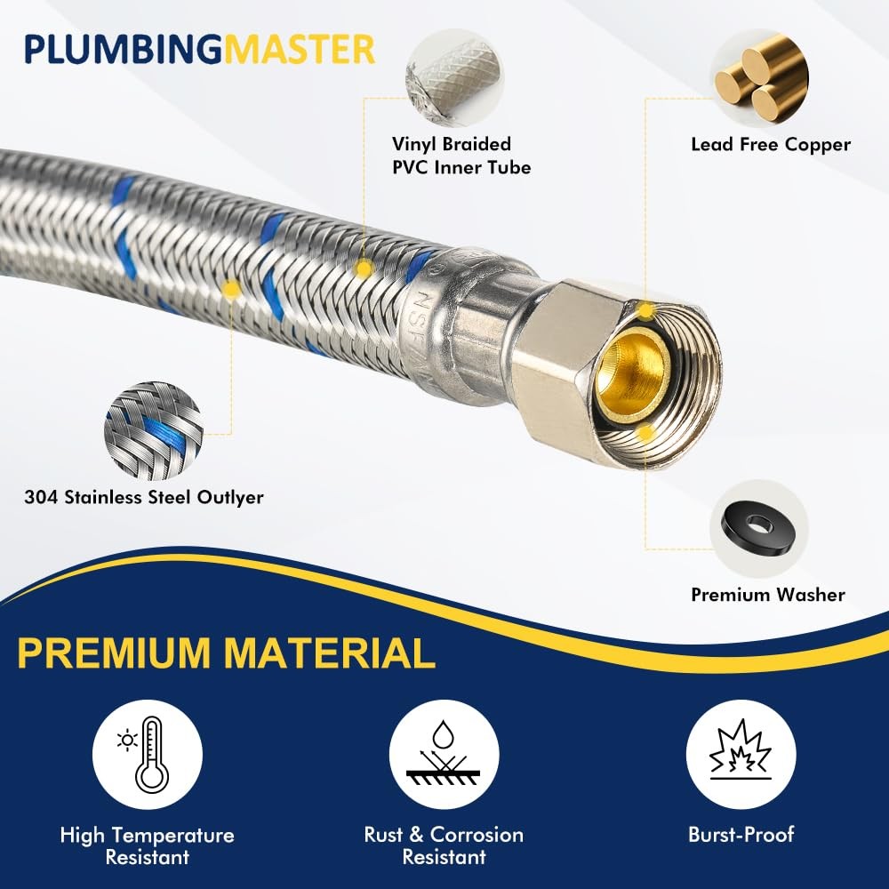 PLUMBINGMASTER 2 Pcs 12 Inch Faucet Supply Conector 12inch 2pcs, Silver