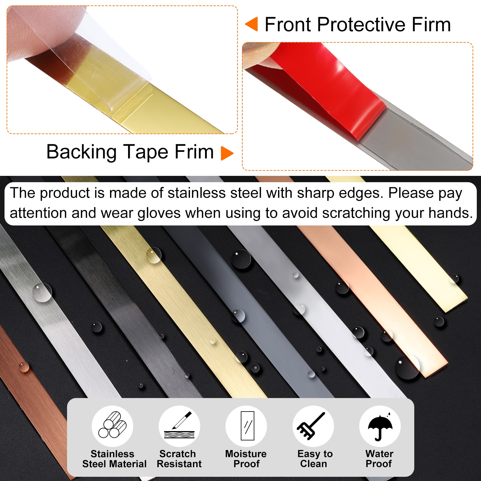 16.4ft x 1.18″ Wall Trim Self Adhesive Stainless Steel Mirror Finish Trim Golden