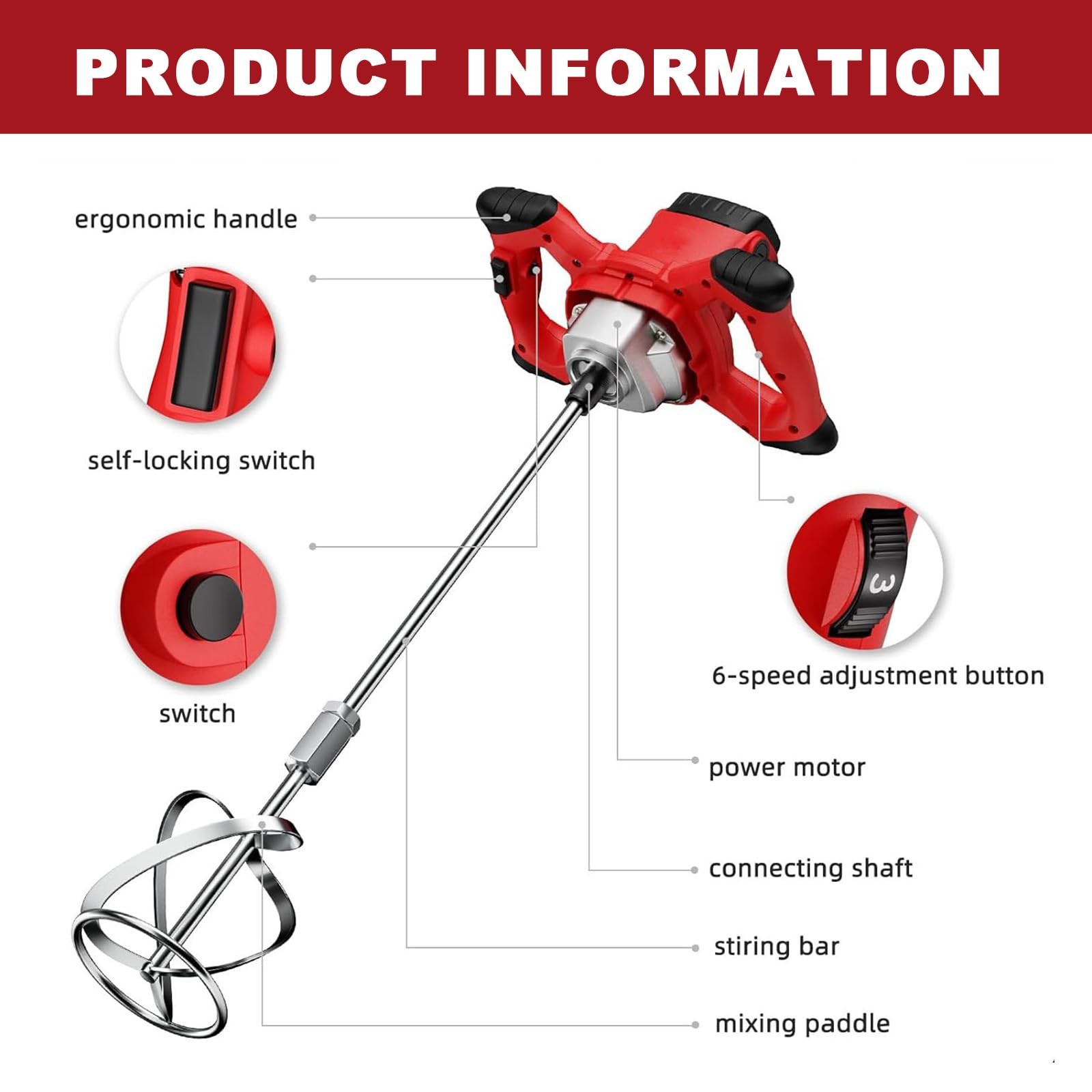Cement Mixer, Handheld Electric Concrete Mixer, Portable Mortar Mixer with 6 …