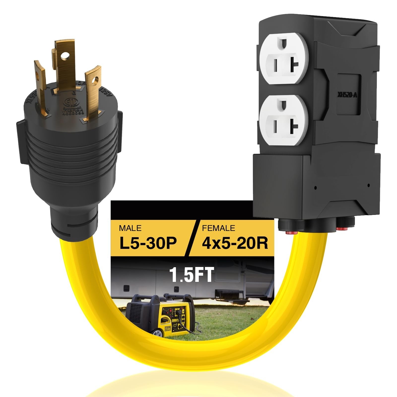 30 Amp to 20 Amp 110V Adapter, 1.5 FT, Yellow, 3 Prong L5-30P to 4X 5-15R/5-2…