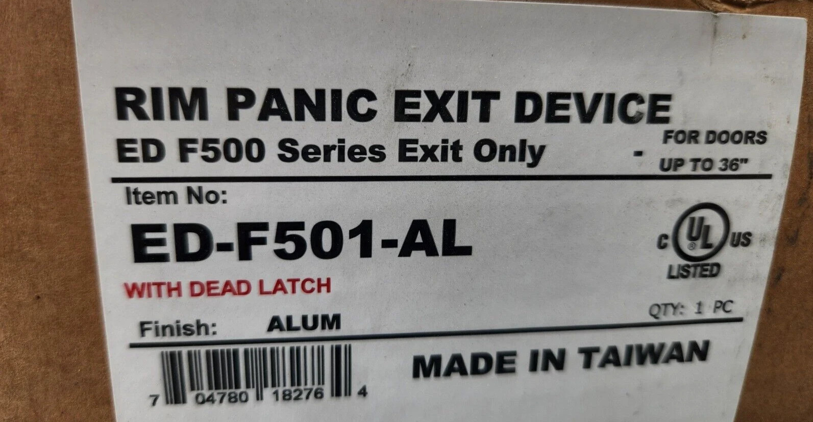 Rim Panic Exit Device ED-F501-AL with Dead Latch, Alum, ED F500 Series Exit Only