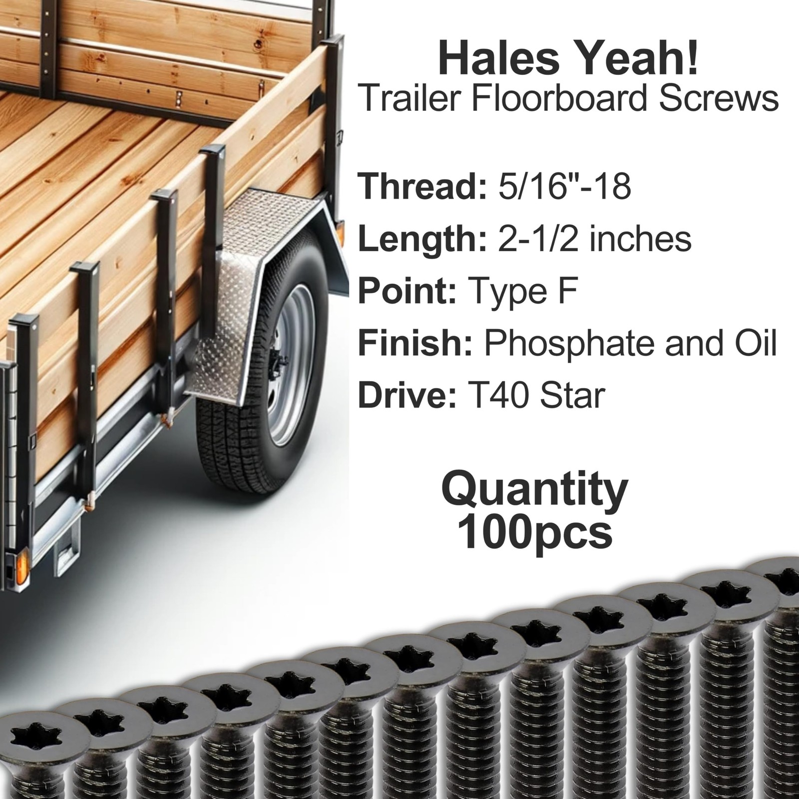 Hales Yeah Trailer Deck Screws 5/16-18 x 2-1/2 in, 100-Pack — Flathead T40