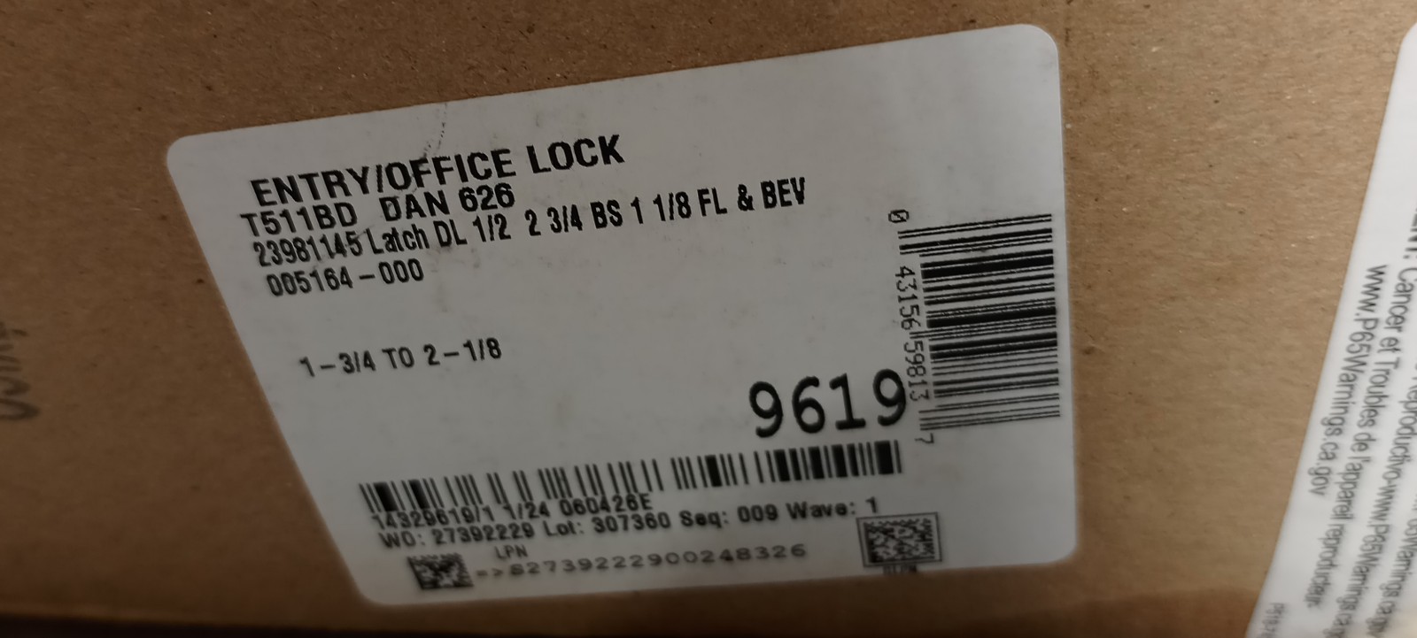 T511BD Dan 626 Entry Office Lock 9616