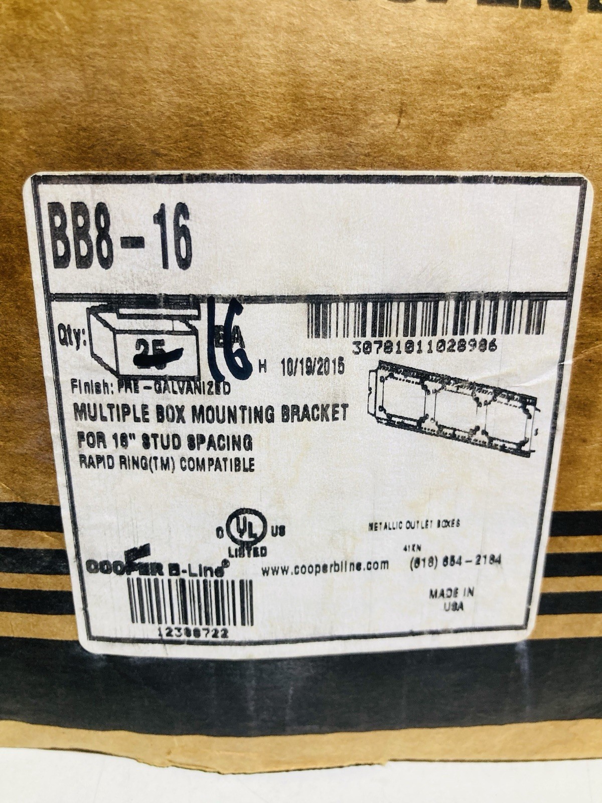 Qty (15) Cooper B-Line BB8-16 Device Mounting Bracket 16″ Stud Spacing