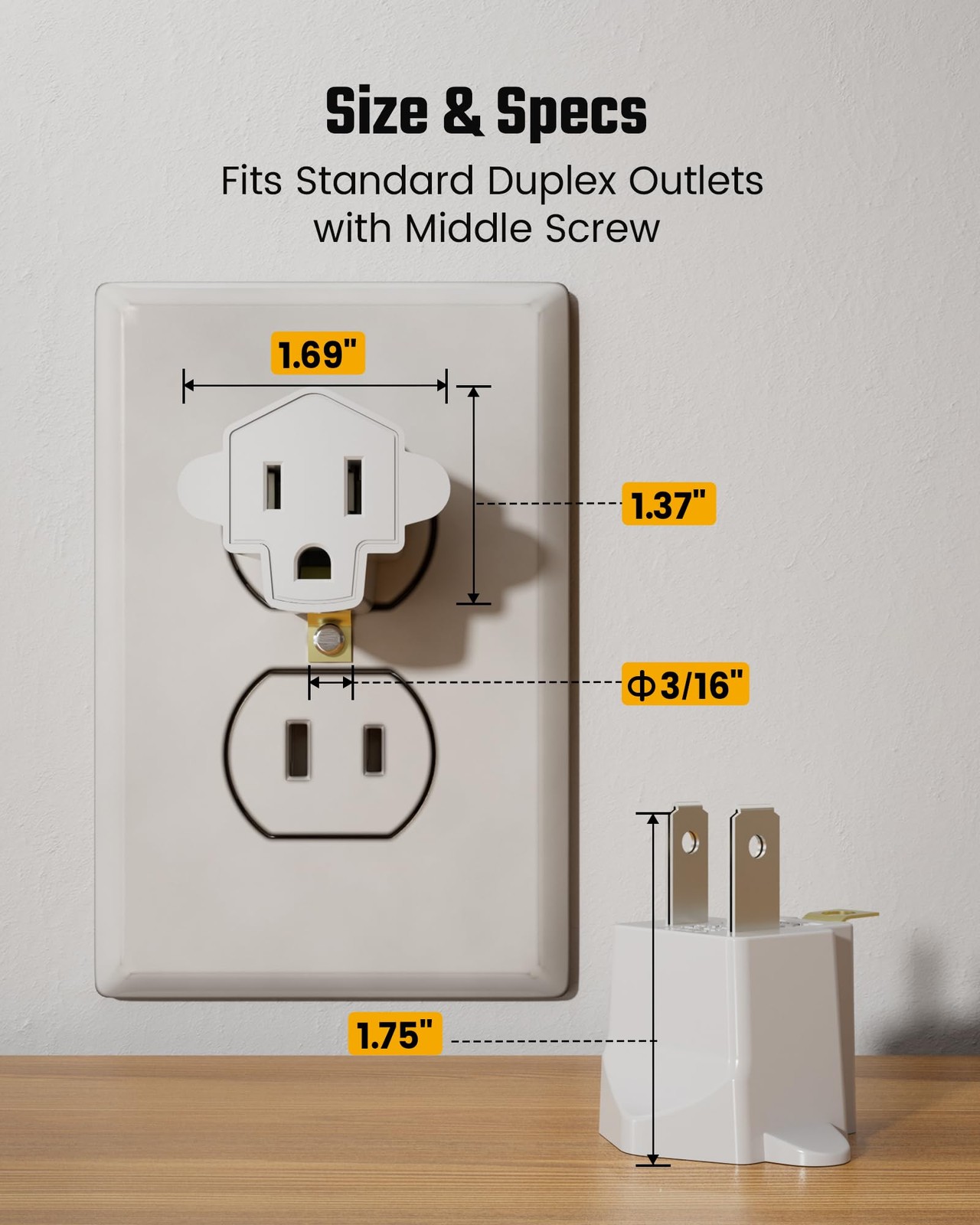 3 Prong to 2 Outlet Adapter, 3 Pin 2 4 Pack, White (4-Pack)