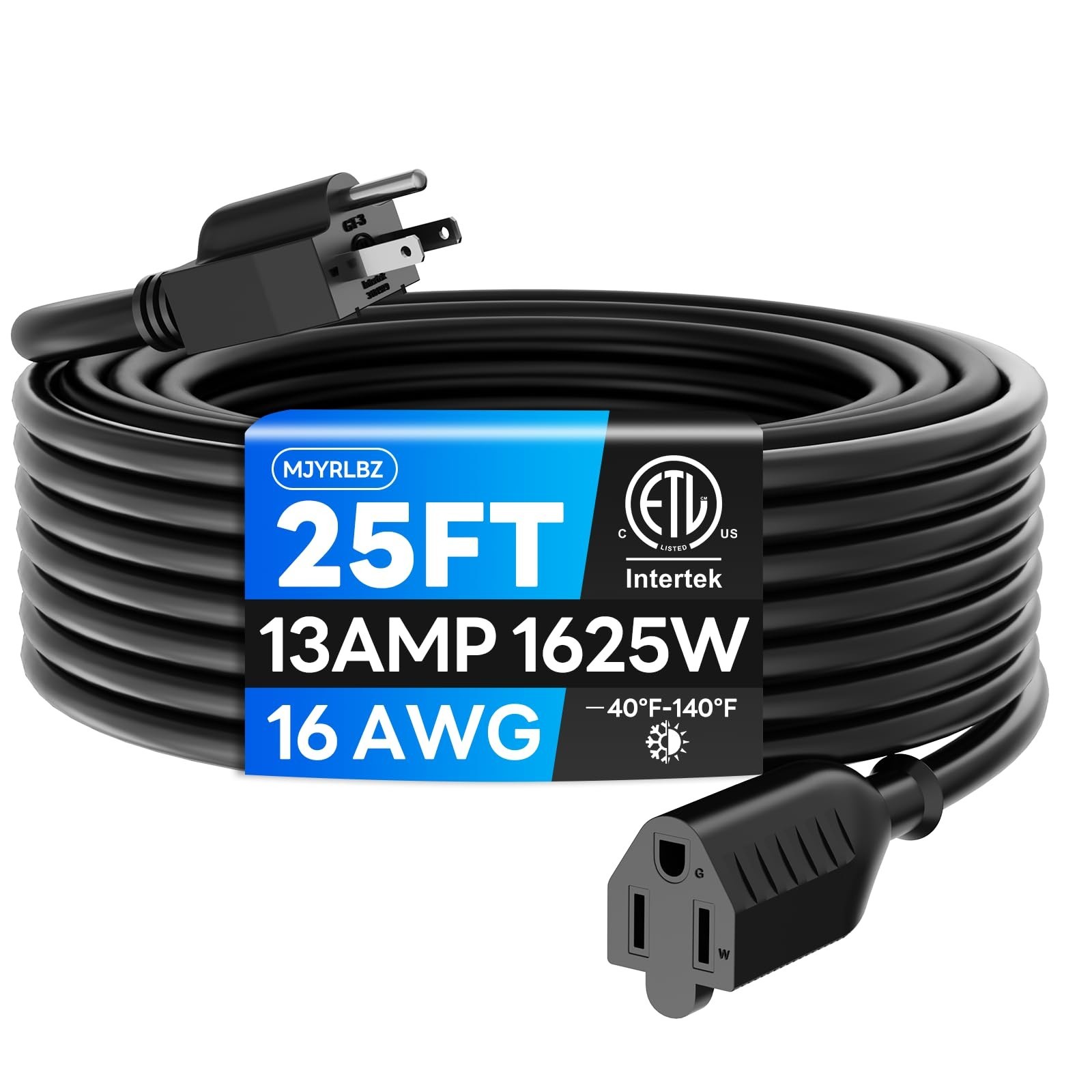 25 FT Indoor Outdoor Extension Cord – Heavy Duty 16/3 Gauge, Waterproof Weath…