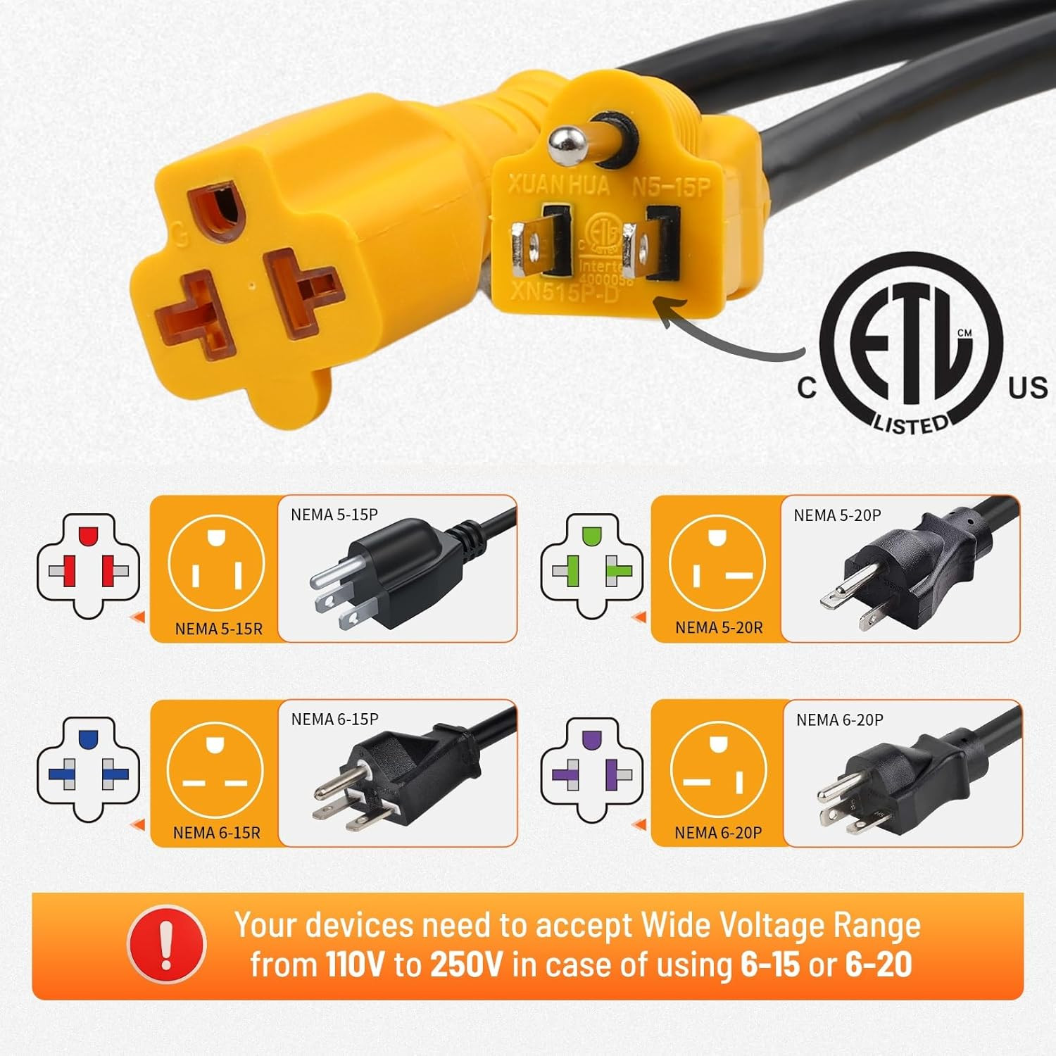 Outdoor 12 Inch 15 Amp Household to 20 Amp AC Power Adapter Cable