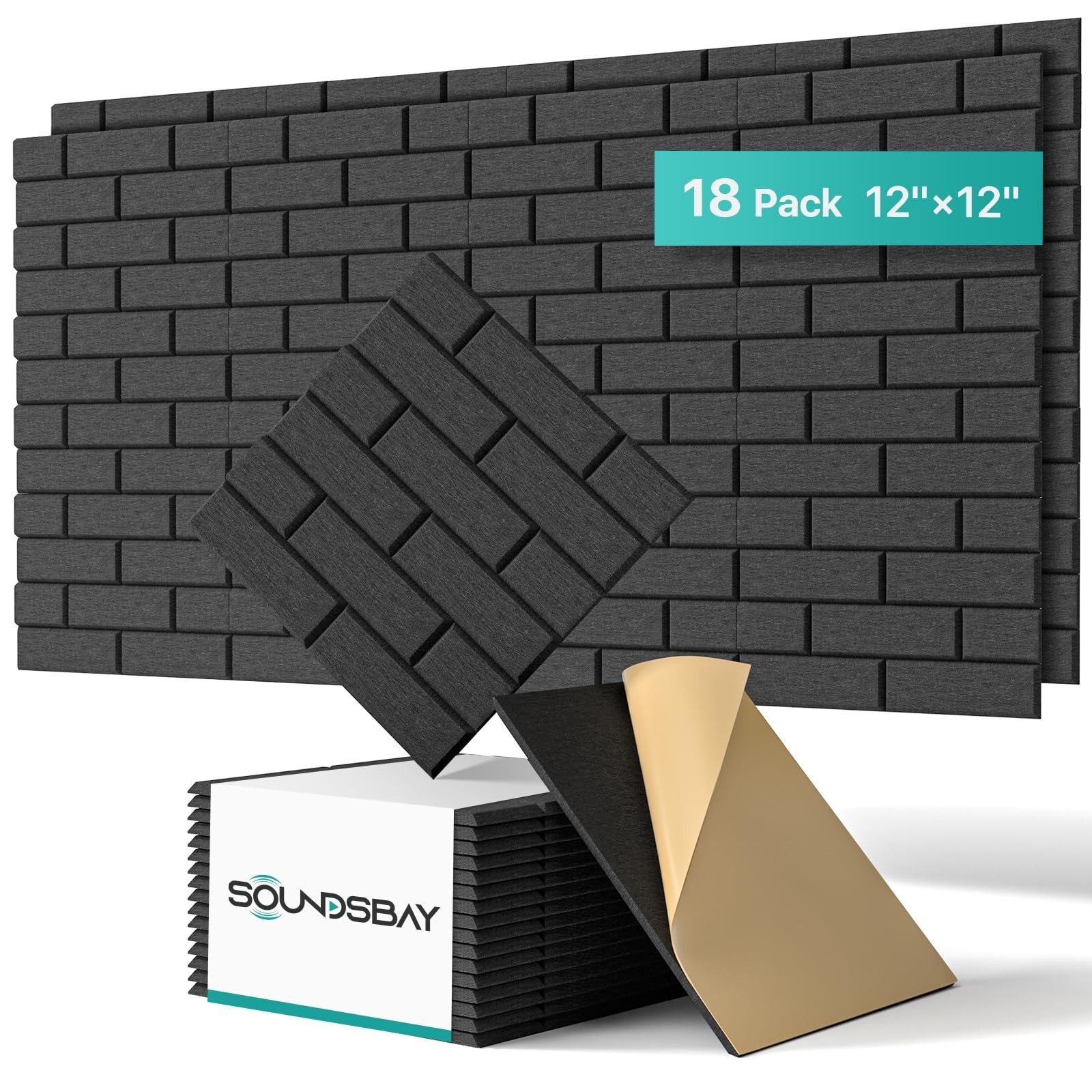 Soundsbay 18-Pack Brick Acoustic Panels, Self-Adhesive, 12″X12″ | Covers 17.4…