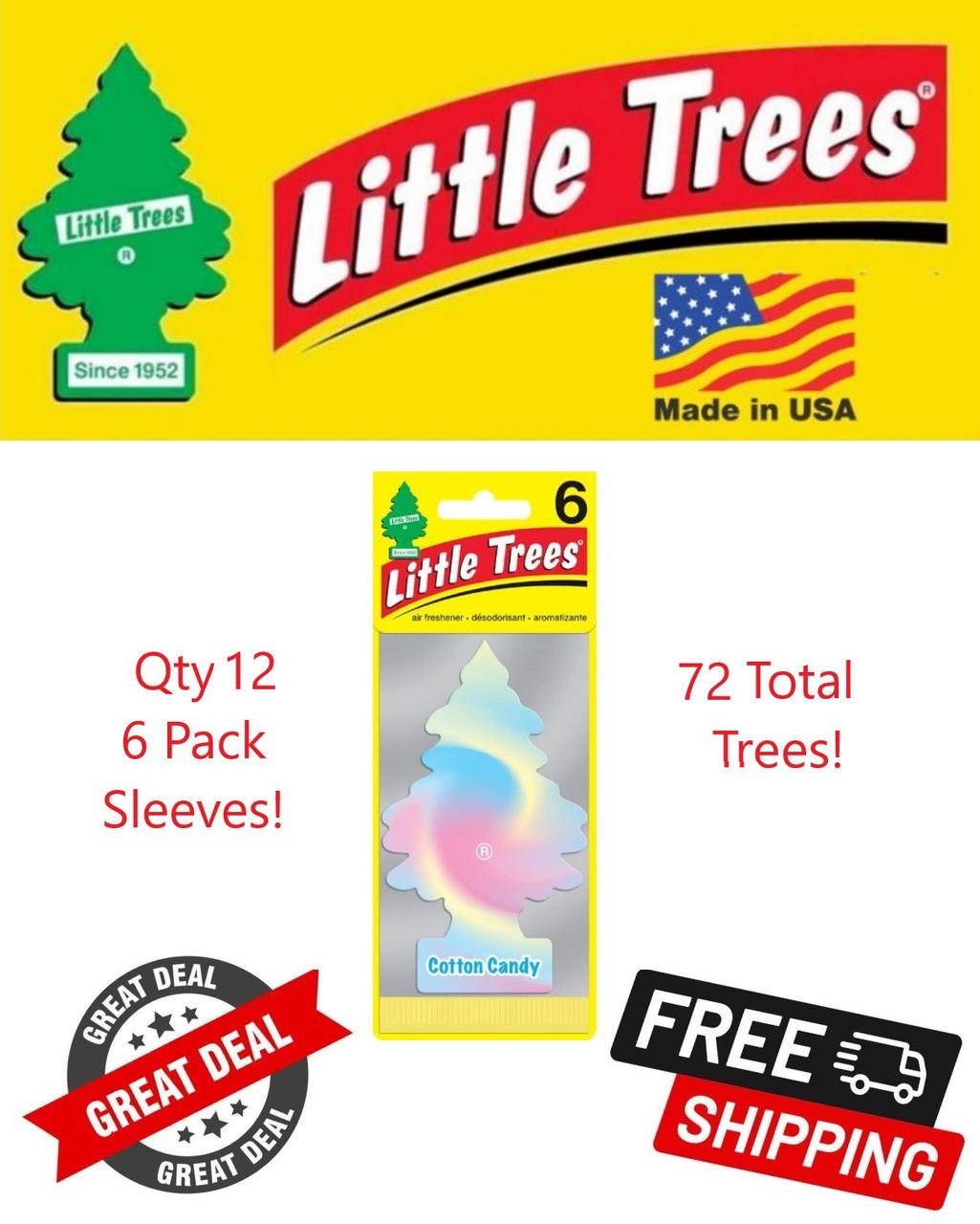 Little Trees 60282 Cotton Candy Hanging Air Freshener for Car & Home 72 Pack!