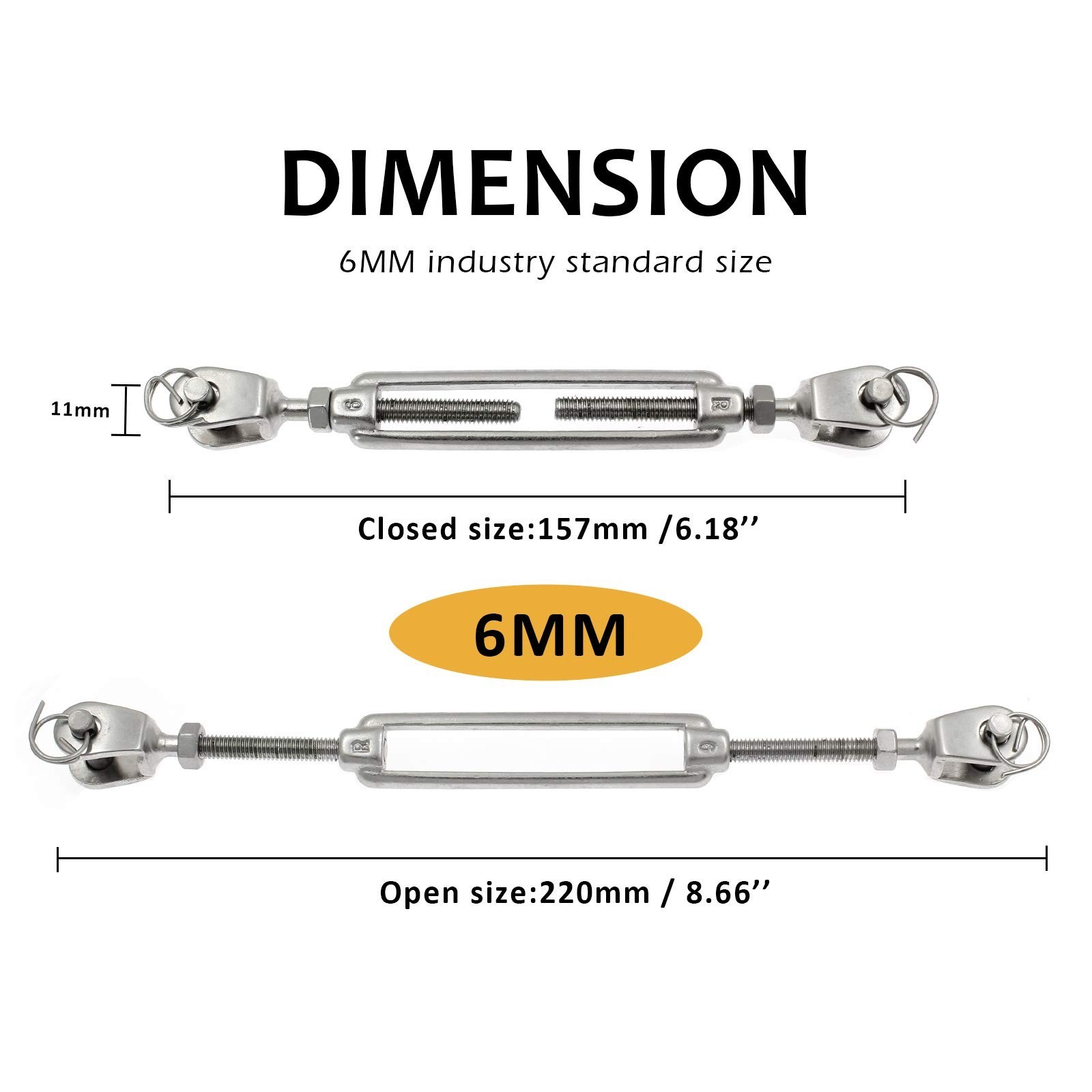 2PCS 316 Stainless Steel Jaw and Jaw Turnbuckle, 6mm Threaded Diameter x 2.7″…