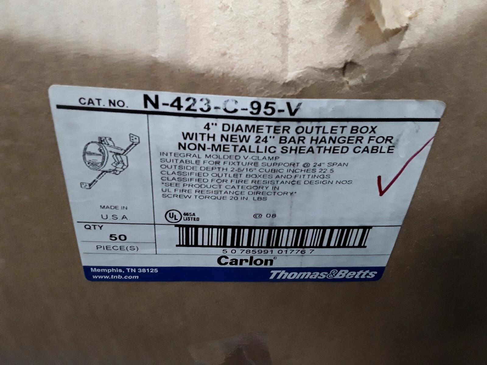 Thomas&Betts, Carlon N-423-C-95-V 4″ Diaeter Outlet Box, 24″ Bar Hanger, Lot 2