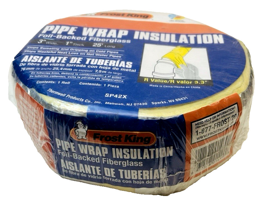 Frost King PIPE WRAP INSULATION Foil-Backed Figerglass 3″ x 1″ x 25′ New SP42X