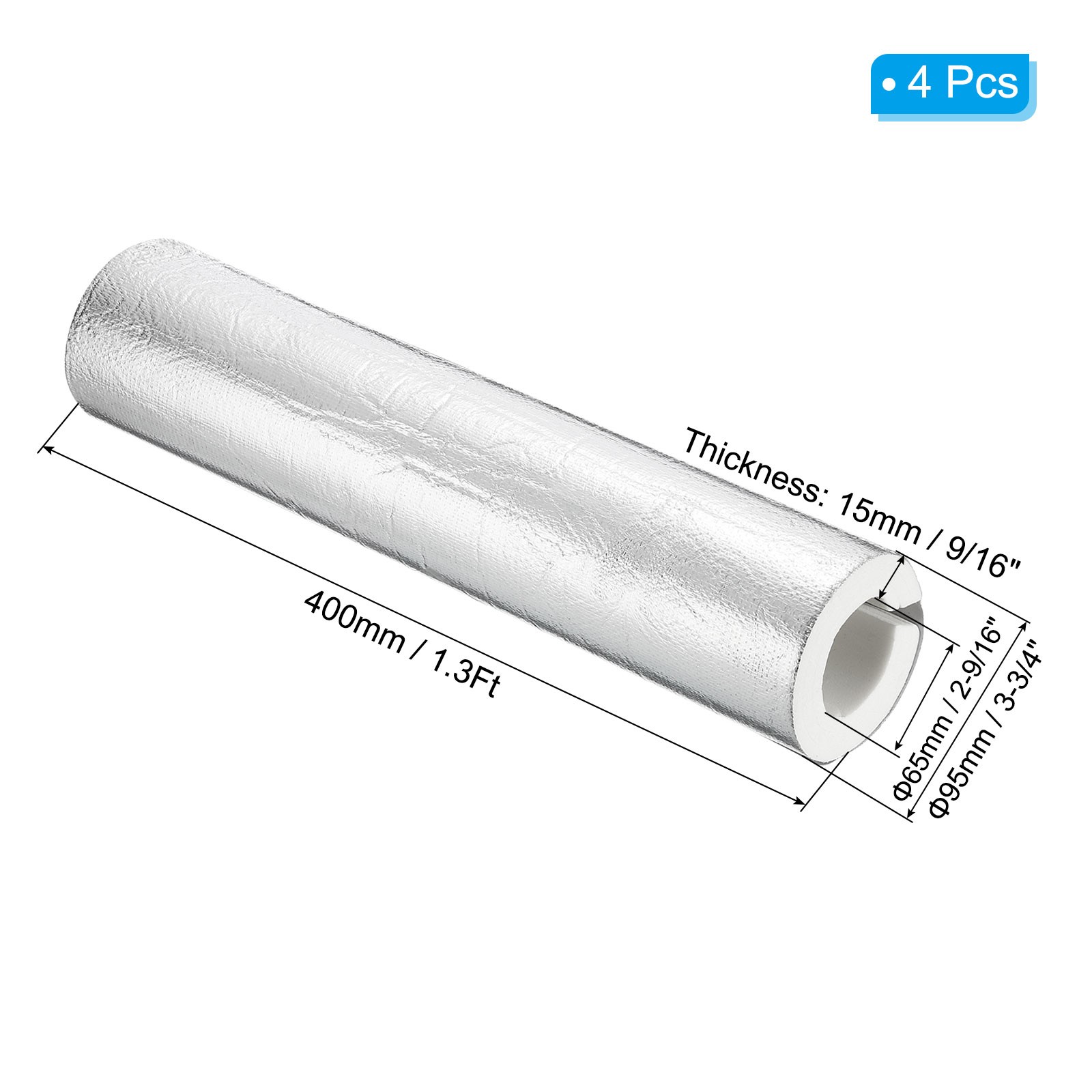 4Pcs 1.3Ft 2-9/16″(65mm) ID 3-3/4″(95mm) OD Insulation Foam Tube, Silver White