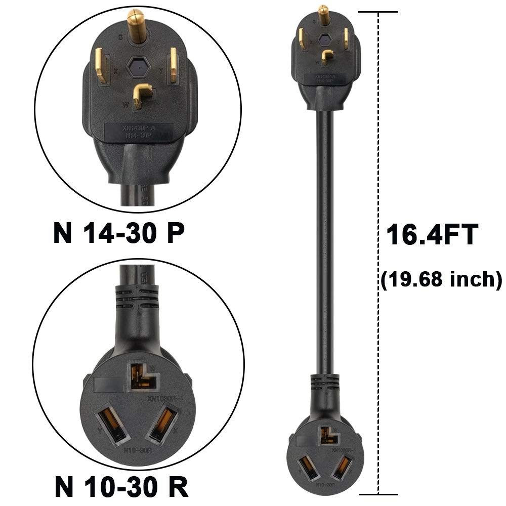 1.5FT 3 Prong to 4 Dryer Adapter, 4 3 10-30P 14-30R, Black