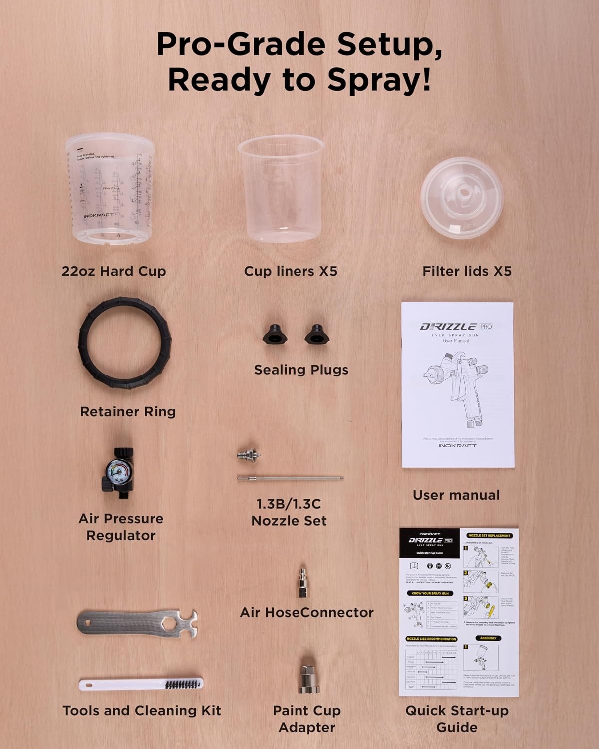 InoKraft Drizzle Pro LVLP Spray Gun, Precise Low-Overspray Performance with