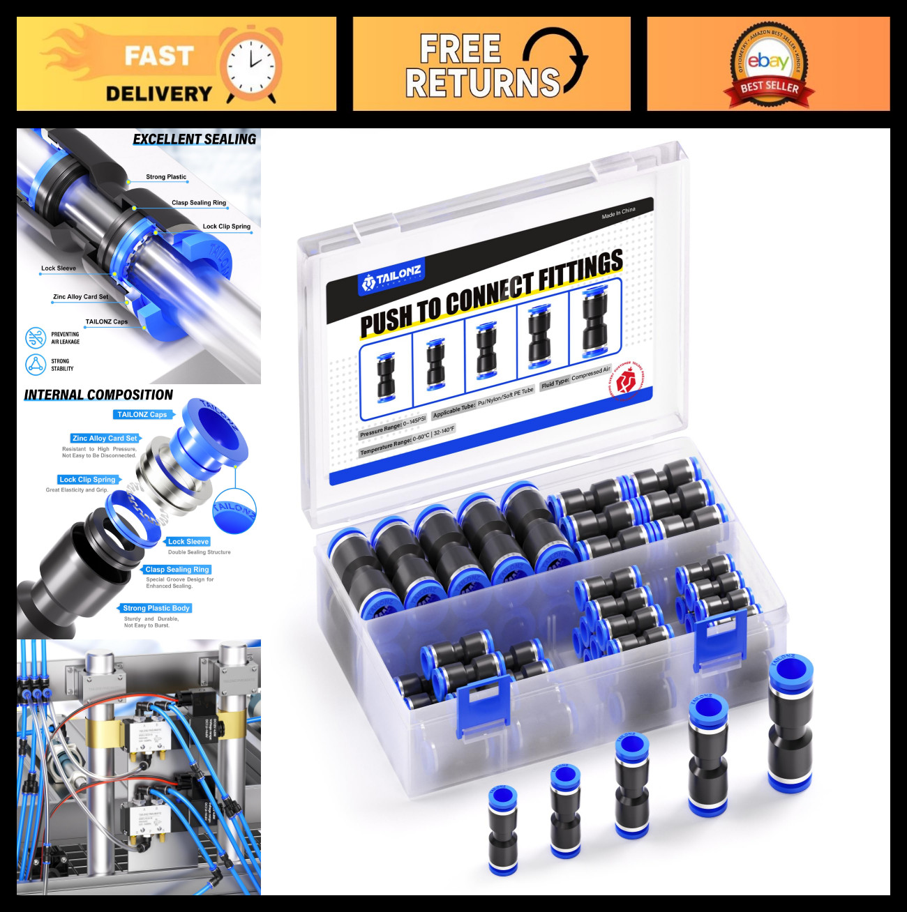 50 pcs Pneumatic Straight Push Connectors Quick Release Air Line Fittings 5/32″-