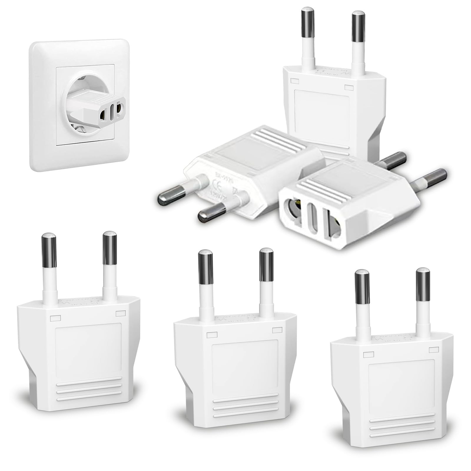 6 Pack European Travel Plug Adapter, US to Europe Type C- 6 White