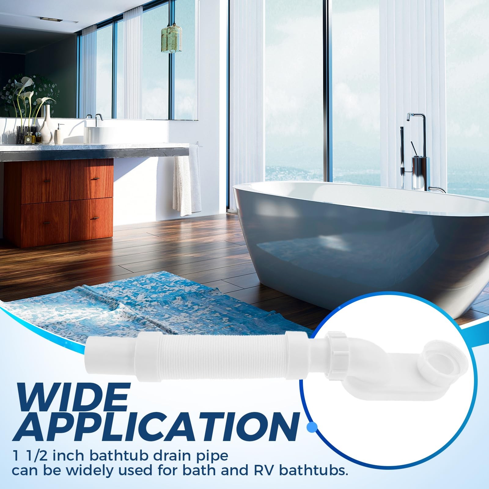 ETERMETA Bathtub Shower Drain Pipe, Low Profile Flat 1 1/2 1 inch, White