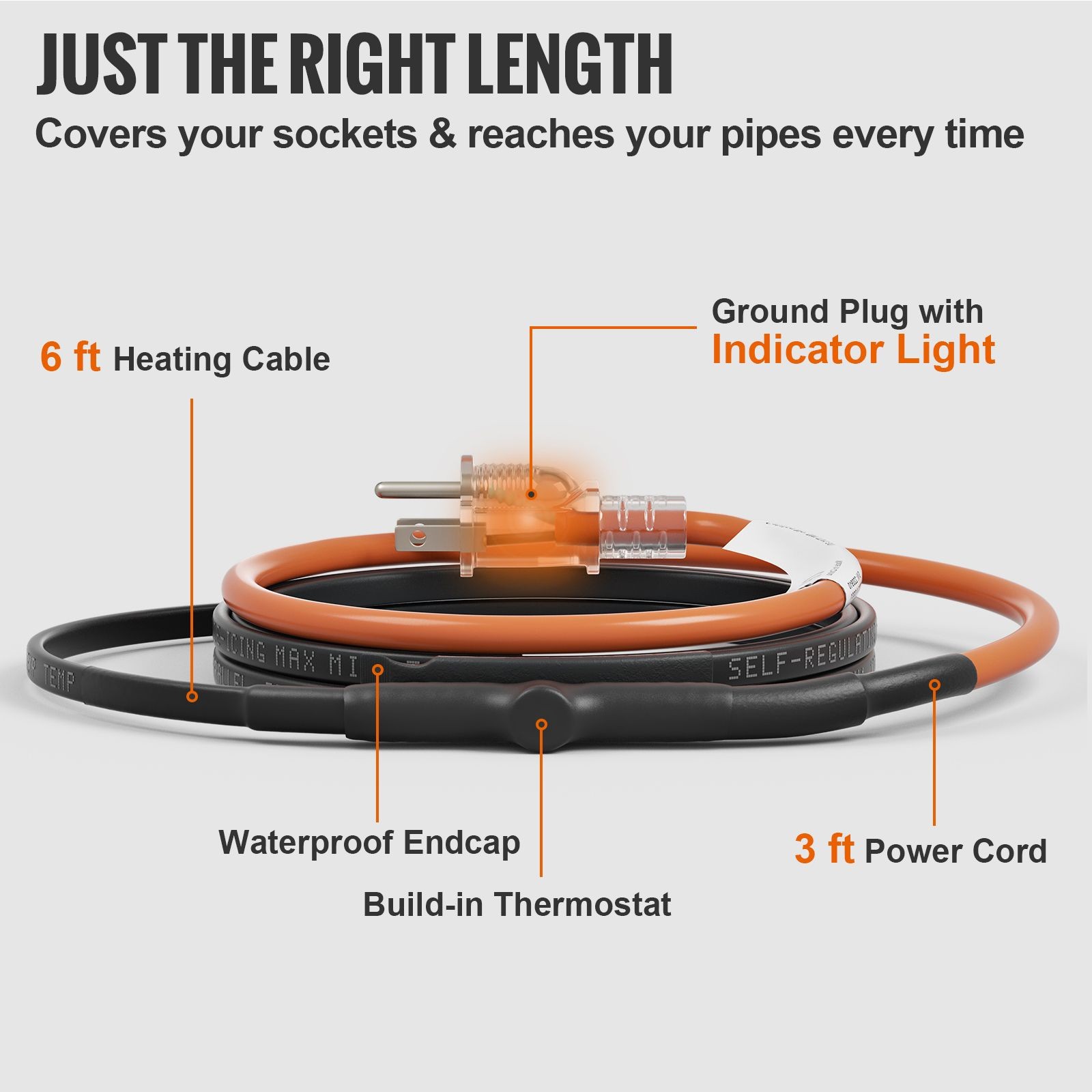 6 – Foot Self – Regulating Pipe Heating Cable, 5W/ ft, 120V Freeze Protection