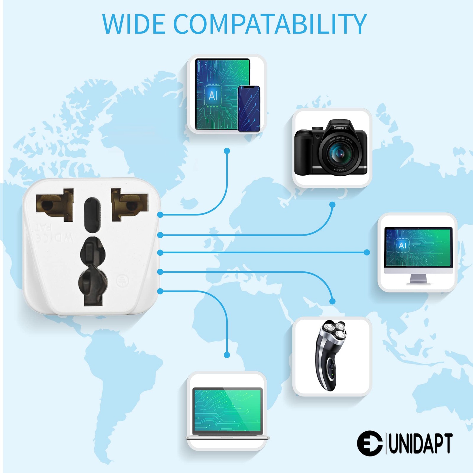 UK to US Travel Adapter, India Plug Unidapt 2-Pack, White