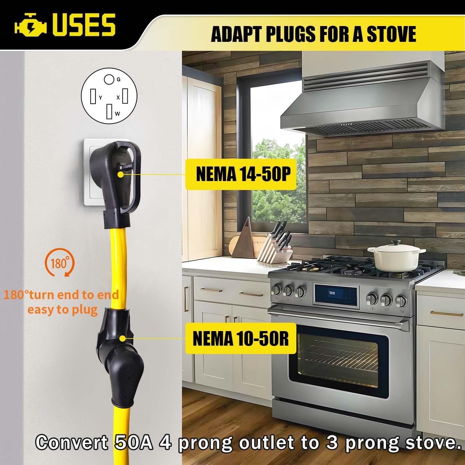 LAVANDINO 4 Prong to 3 Stove Plug Adapter 220V, 14-50P/10-50R, Yellow