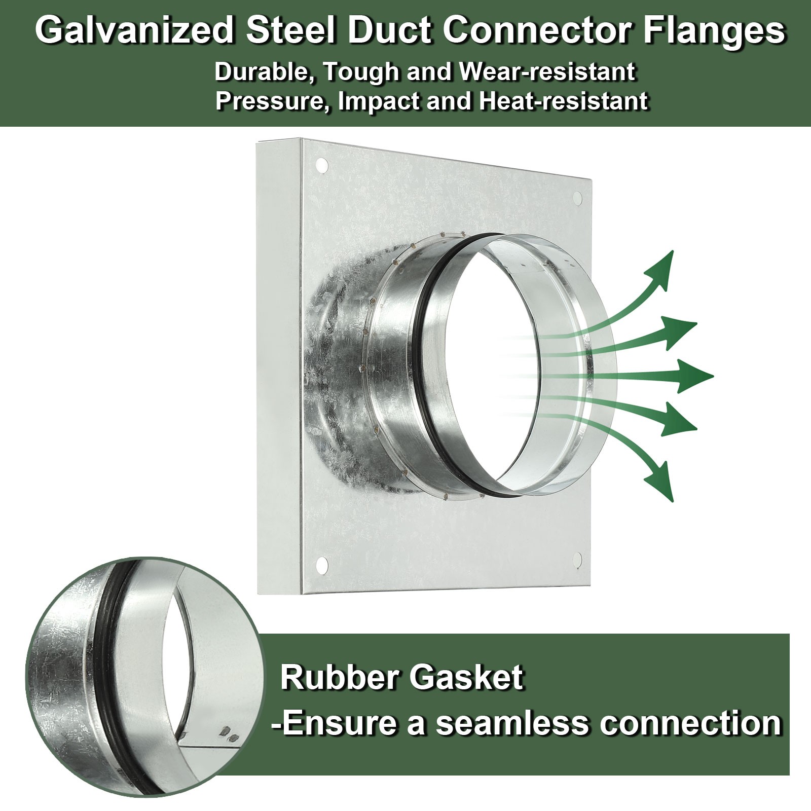 2 Pcs 6″ Duct Connector Flange with Folded Edge Base Rubber Gasket, Silver Tone