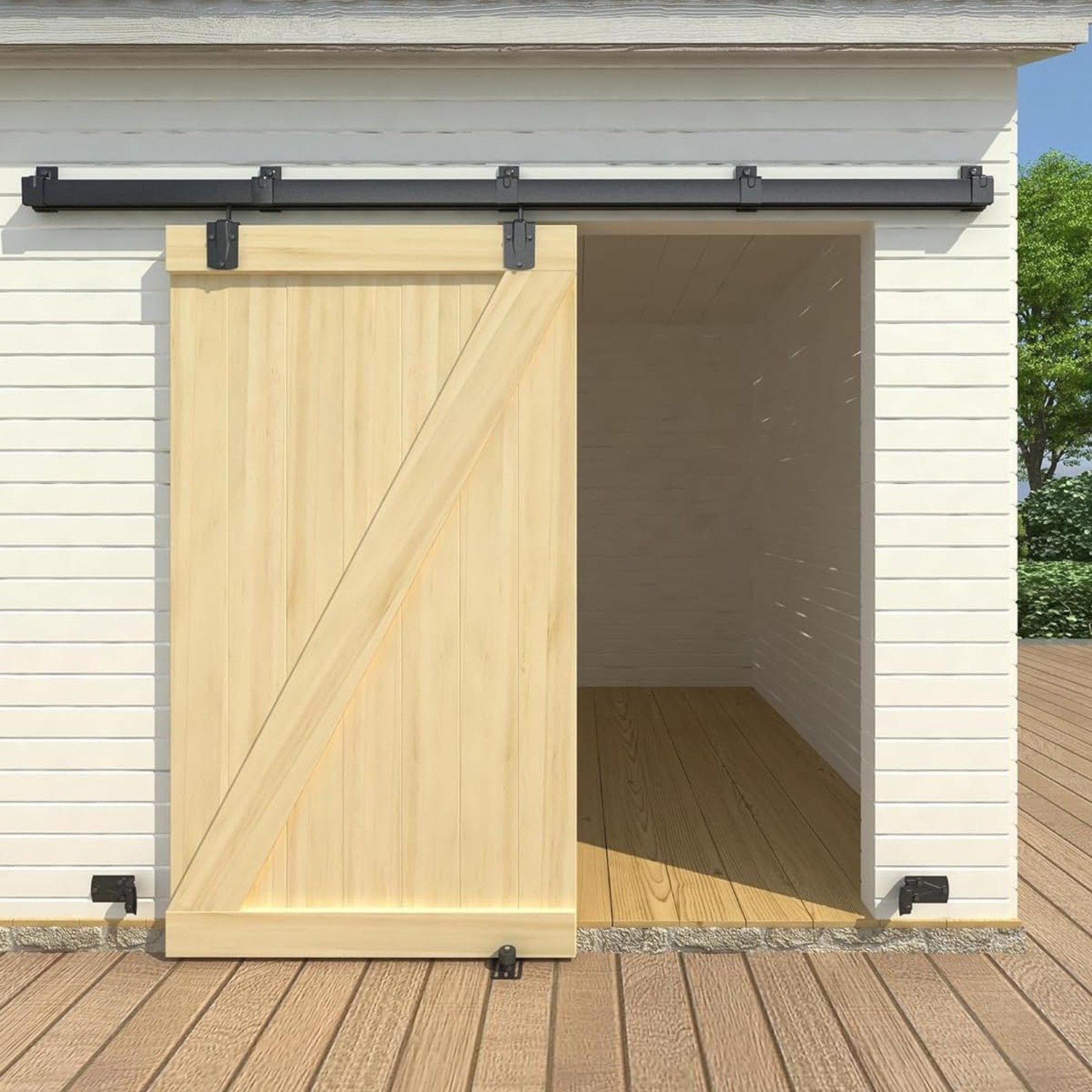 8FT Black Box Rail Exterior Barn Door Hardware Kit, Sliding Heavy Duty Barn D…