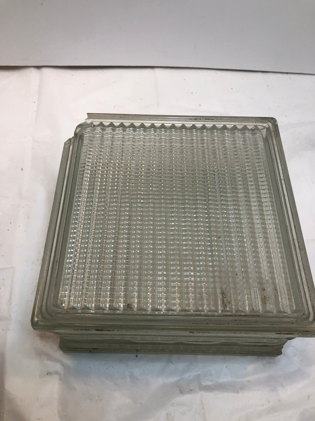 Vintage Glass Block 7-3/4″ x 7-3/4″ x 3-7/8 – Lines – Chipped Corner