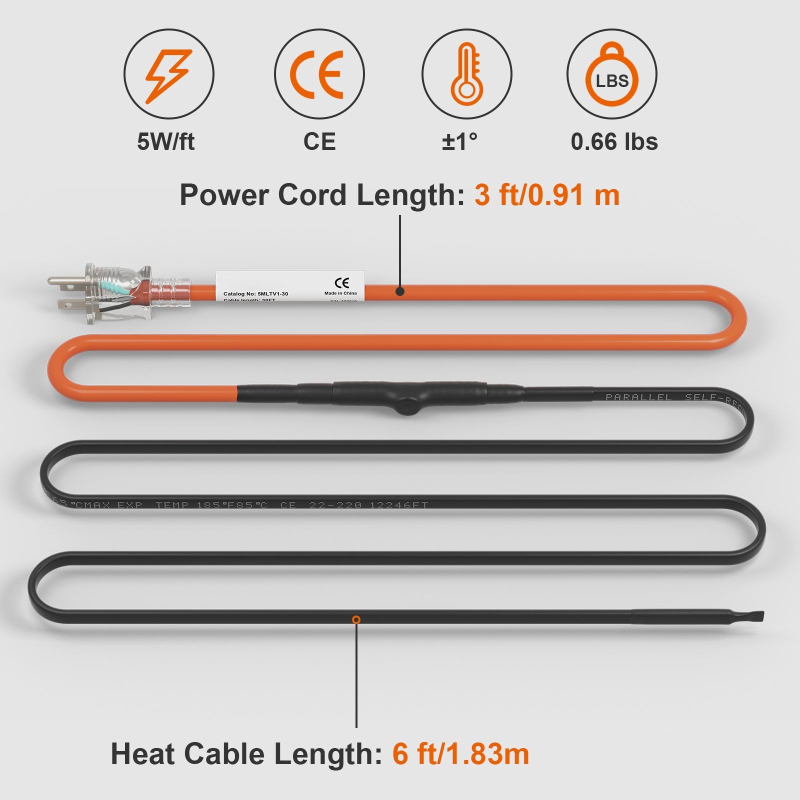 6 – Foot Self – Regulating Pipe Heating Cable, 5W/ ft, 120V Freeze Protection