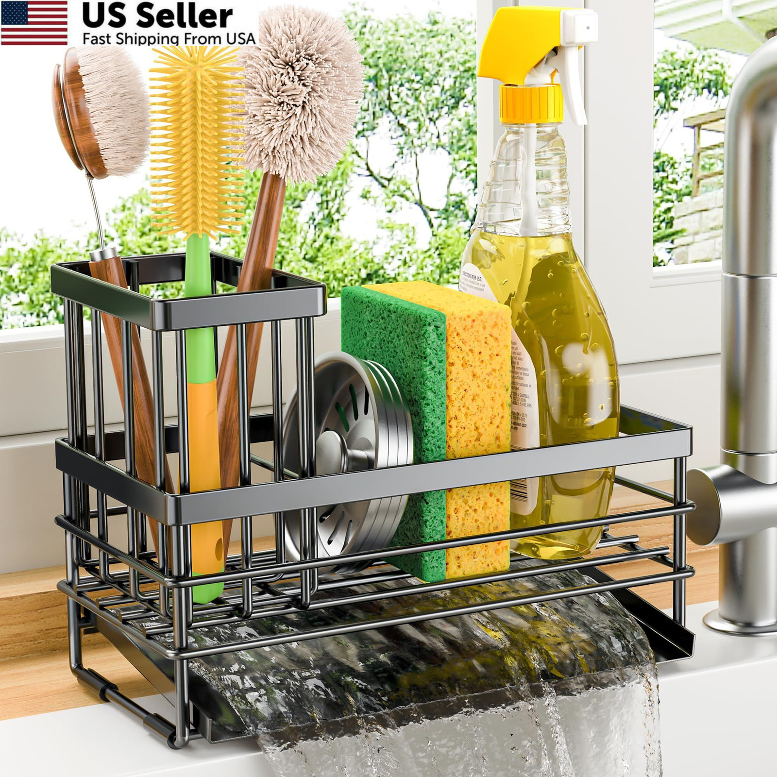 Cisily Sink Caddy Sponge Holder for Kitchen with Brush and 1, Black