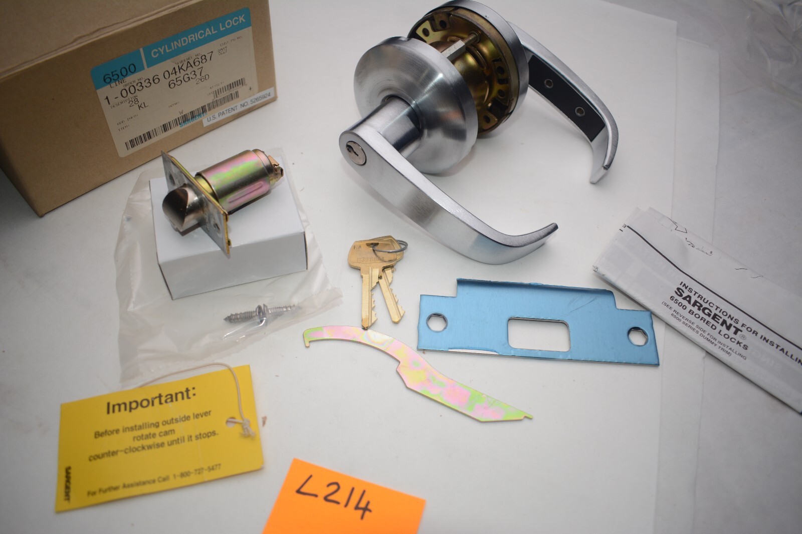 SARGENT 28 65G37 Satin Chrome Cylindrical Lock 6500 Classroom Lever Door Lock