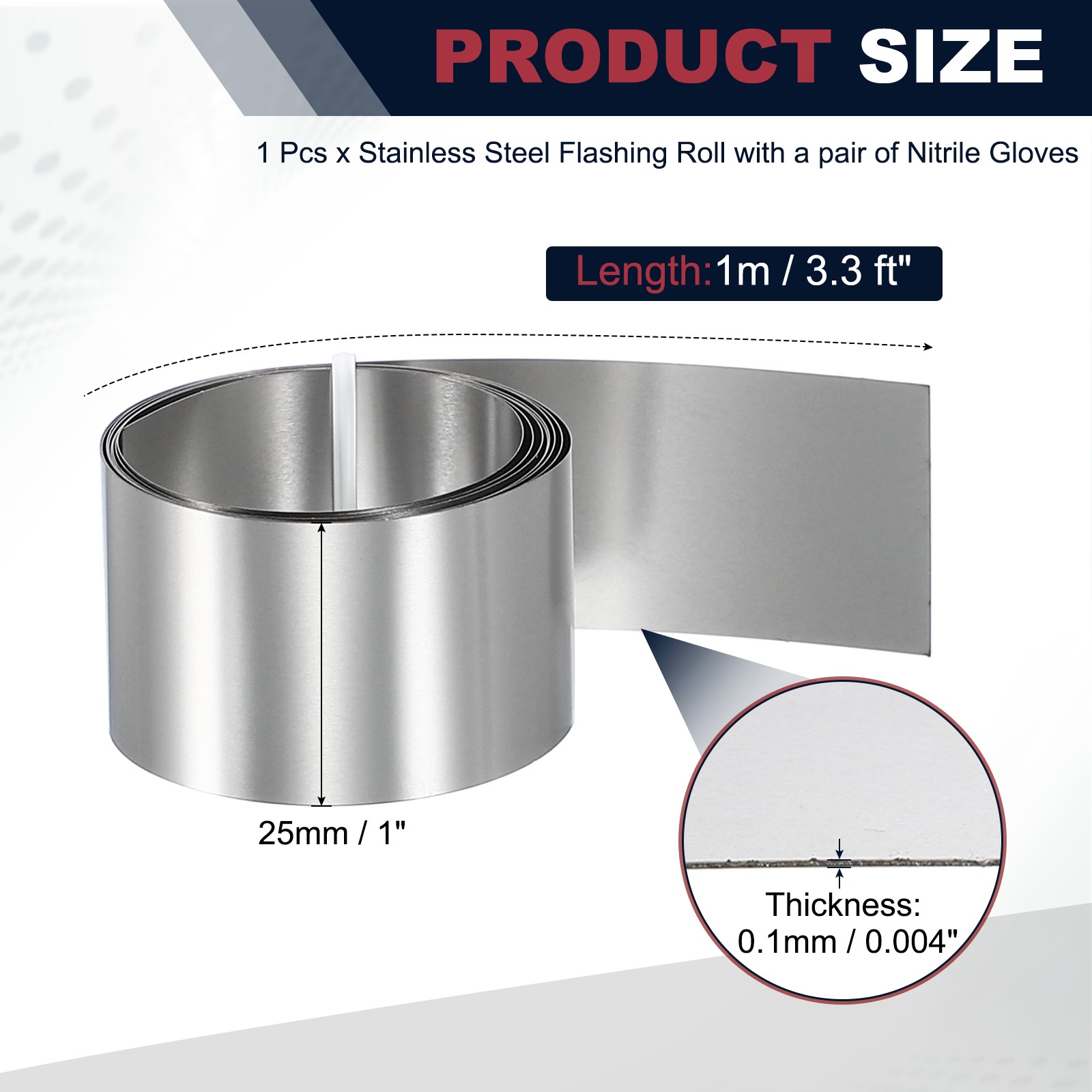 1in x 3.3ft Stainless Steel Flashing Roll, 0.1mm Metal Roof Panels