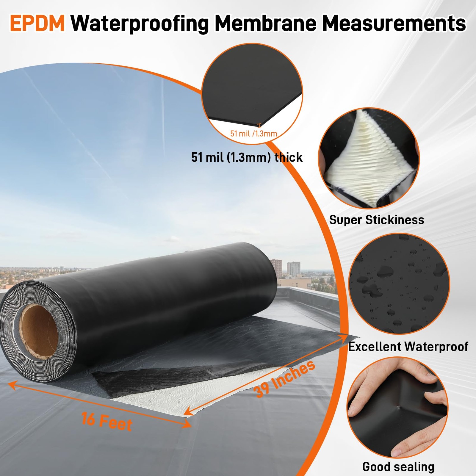 51 Mil Self-Adhesive EPDM Rubber Roofing Membrane – 39″ x 16ft ‎Black