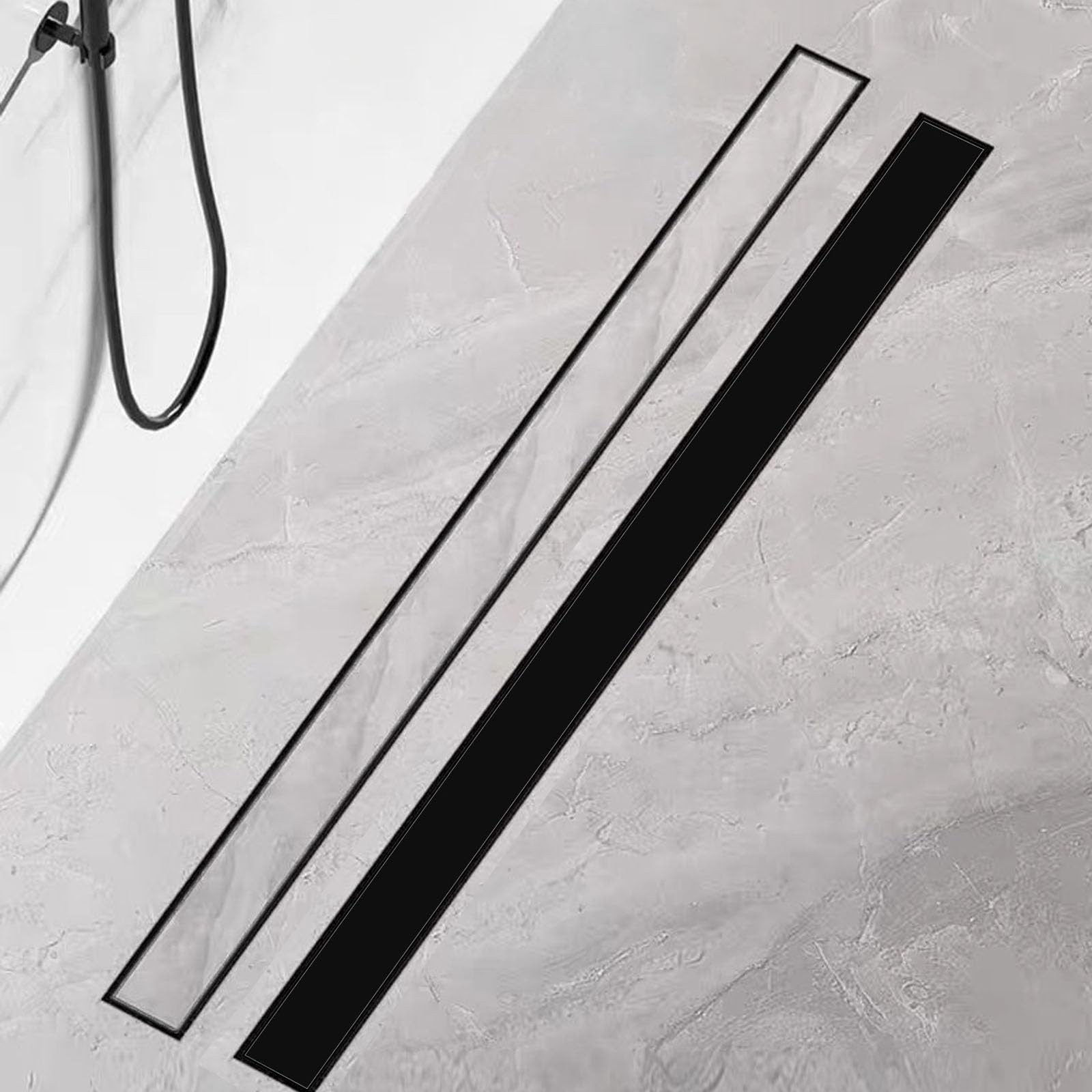 Shower Channel 70 cm Complete Set Black, Stainless Steel Drain Channel, Extra Flat Bef…
