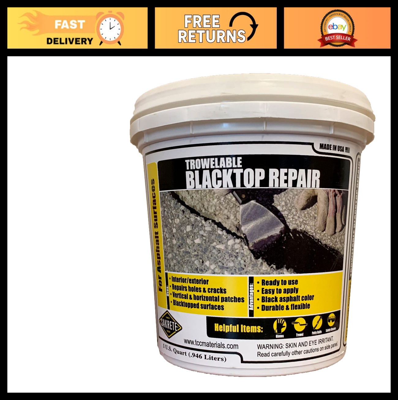 Trowelable Blacktop Repair – Quart Size, Easy to Use Asphalt Patch for Driveways